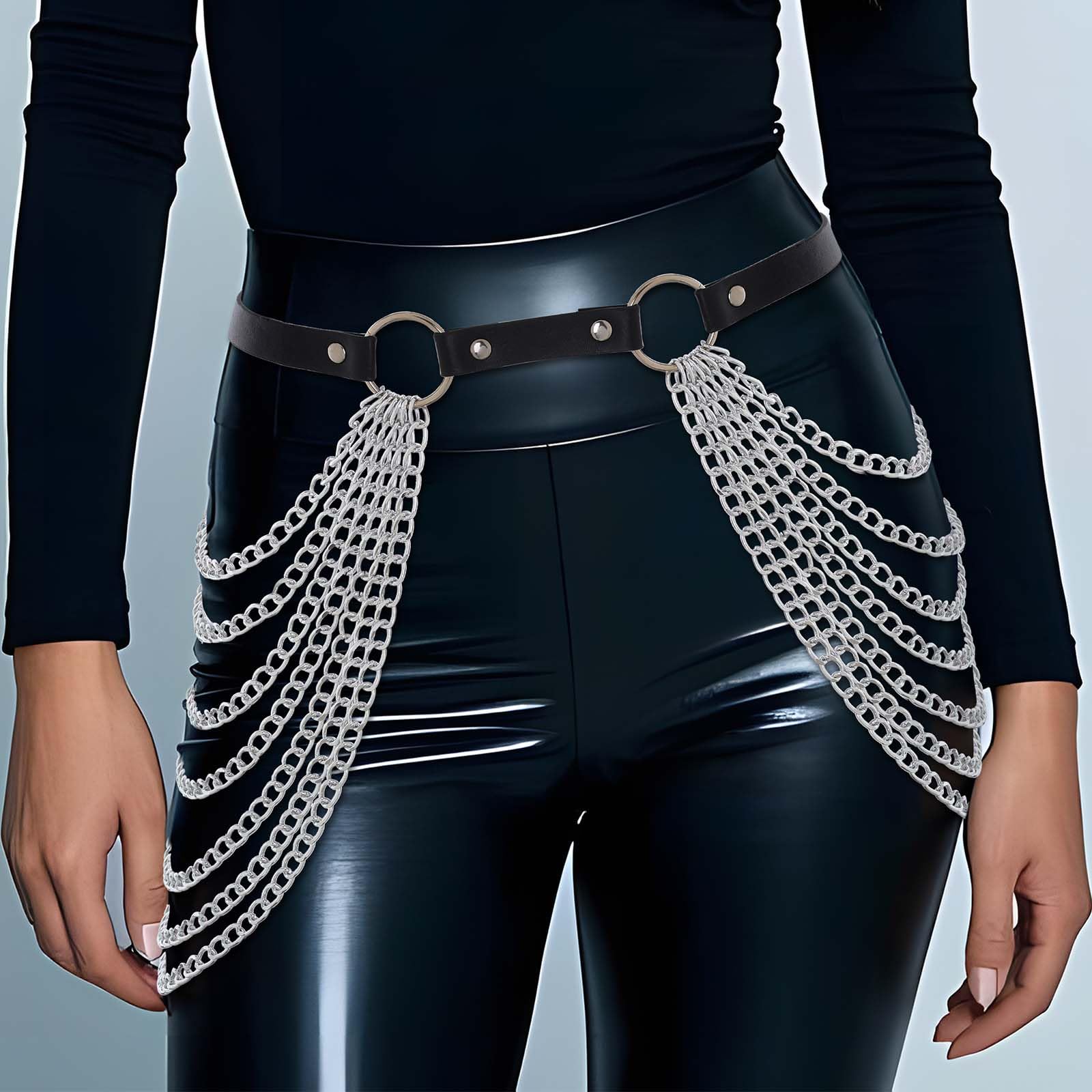 Navoky Punk Leather Body Chain for Women - Black Layered Chains Multilayered Emo Belt Plus Size Body Jewelry | Gothic Fashion, Rave Outfits, Festival Accessories