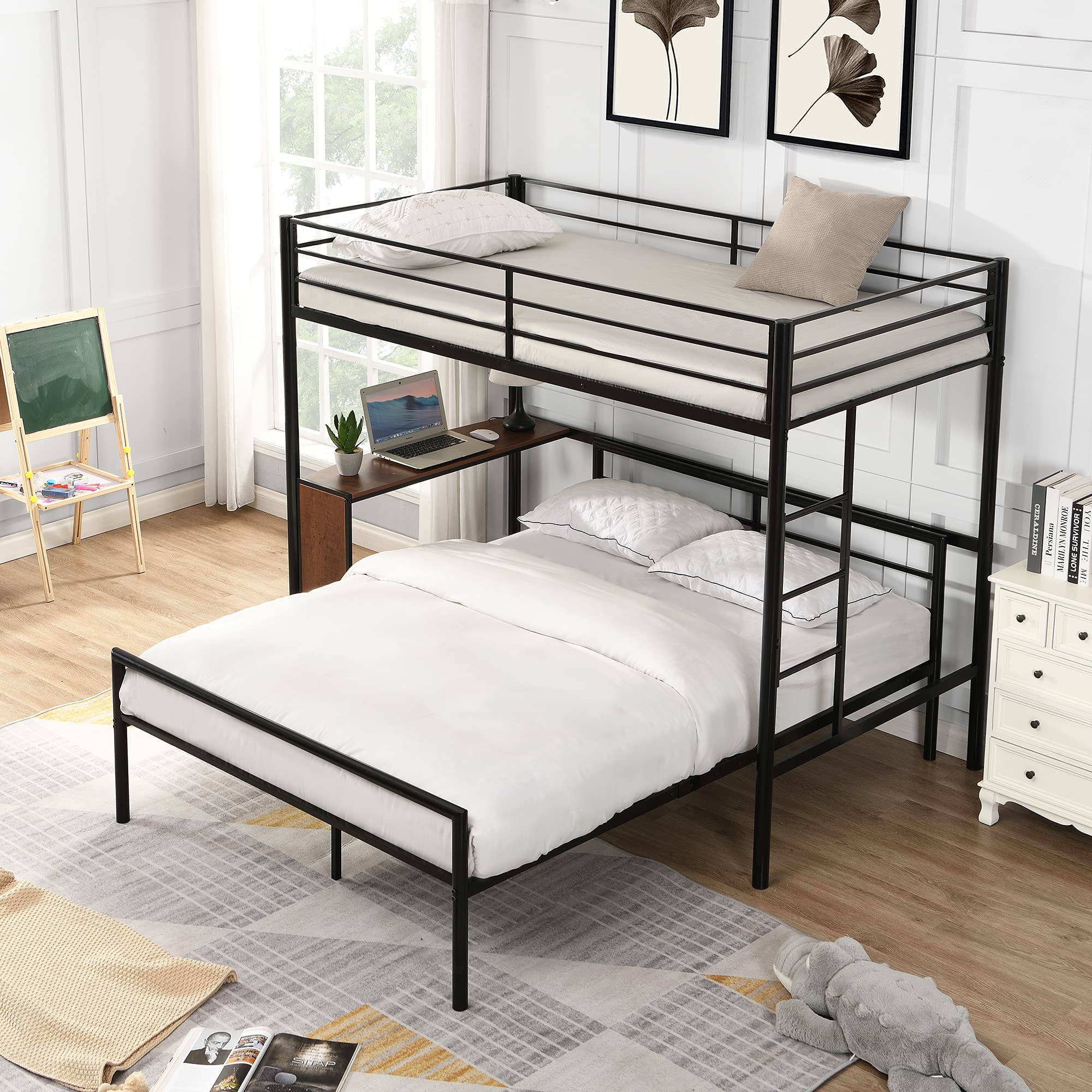 Metal Bunk Bed with Built-in Desk | Twin Over Full Bunk Bed Frame | Guardrail & Flat Step Ladder | Convertible to Separate Loft & Platform Bed (Black) - Space-Saving Solution for Kids' Bedrooms, Dorms & Small Apartments