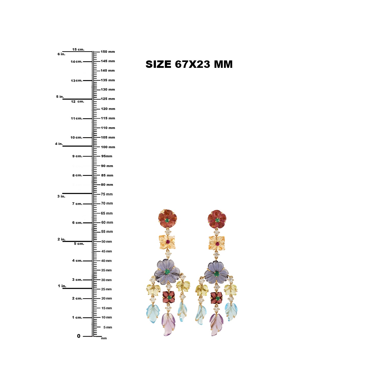 Exquisite Yellow Gold Dangle Earrings with Carved Gemstone Pave Ruby & Tourmaline Flower Design | Elegant Jewelry for Women | Perfect for Parties, Weddings & Special Occasions