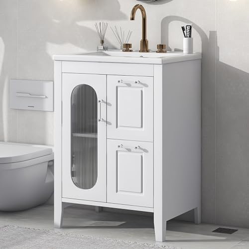 24 Inch White Bathroom Vanity with Sink - 2 Drawers, Glass Door & Adjustable Shelf - Free Standing Wood Storage Cabinet for Small Bathrooms | Perfect for Powder Rooms, Guest Baths & Compact Spaces