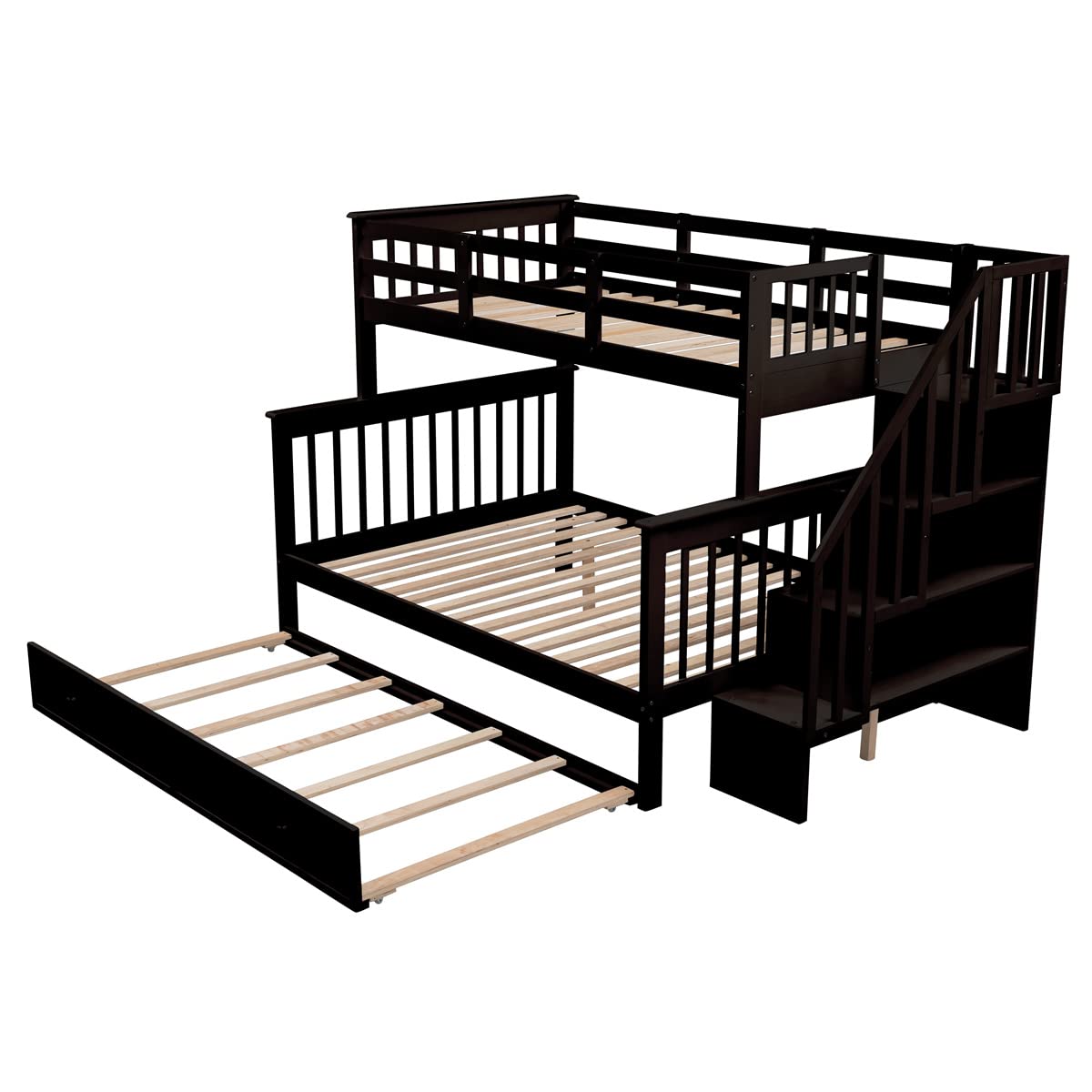 Twin Over Full Bunk Bed with Stairs - Solid Wood Bunk Bed Frame with Twin Trundle, Storage & Safety Rail for Kids, Teens & Adults - Espresso Finish | Perfect for Small Bedrooms, Dorms & Guest Rooms