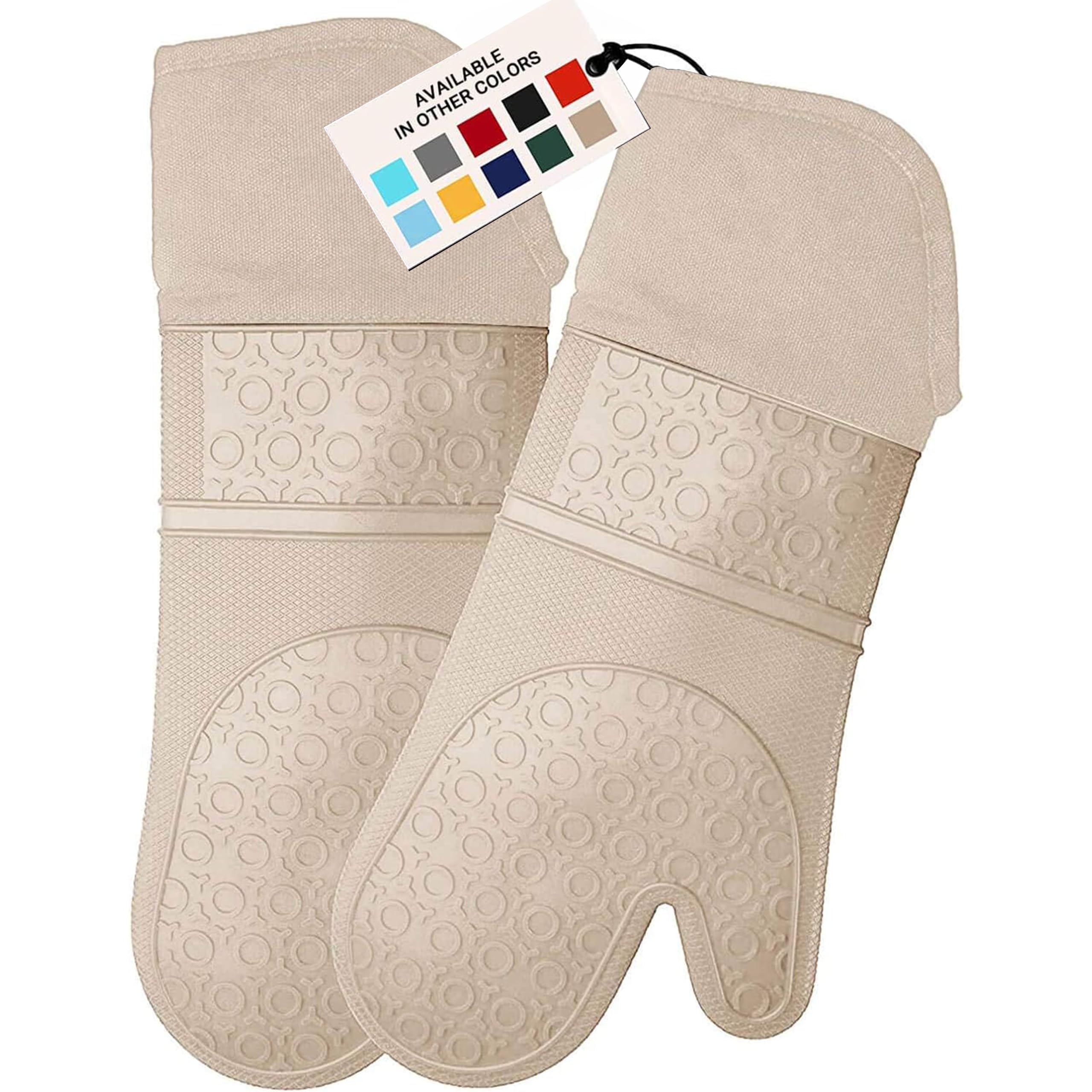 Extra Long Professional Silicone Oven Mitts - Heat Resistant Up to 500°F, Quilted Cotton Liner for Maximum Protection, Flexible Kitchen Gloves for Baking, Grilling & Cooking (1 Pair, Beige, 14.7 Inch) - Perfect for BBQ, Roasting & Handling Hot Pots/Pans