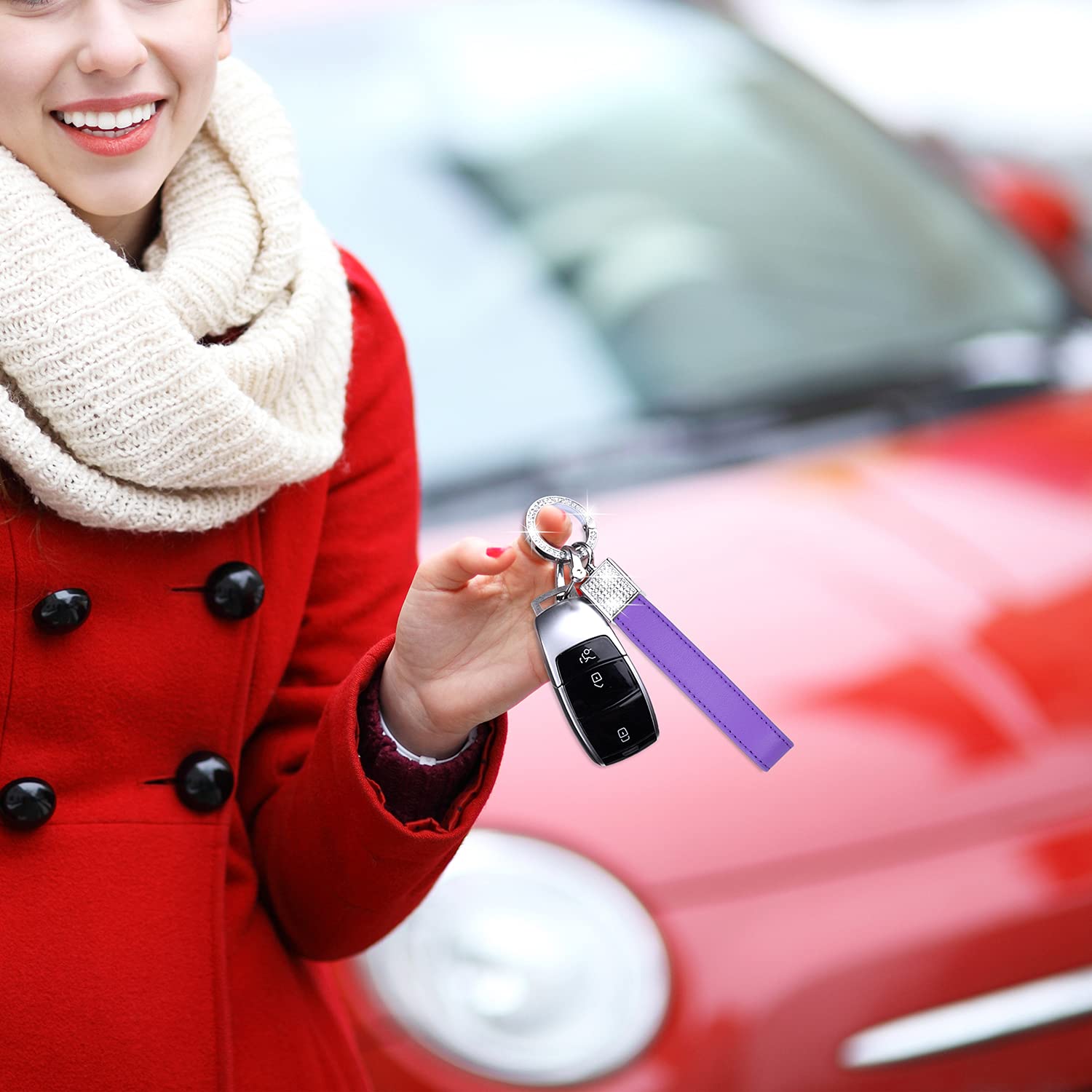 Wisdompro Bling Leather Car Keychain for Women - Genuine Leather Key FOB with Anti-Lost D-Ring & 2 Keyrings - Universal Key Holder for Car Keys (Purple) - Perfect Gift for Her, Birthday, Anniversary & Everyday Use