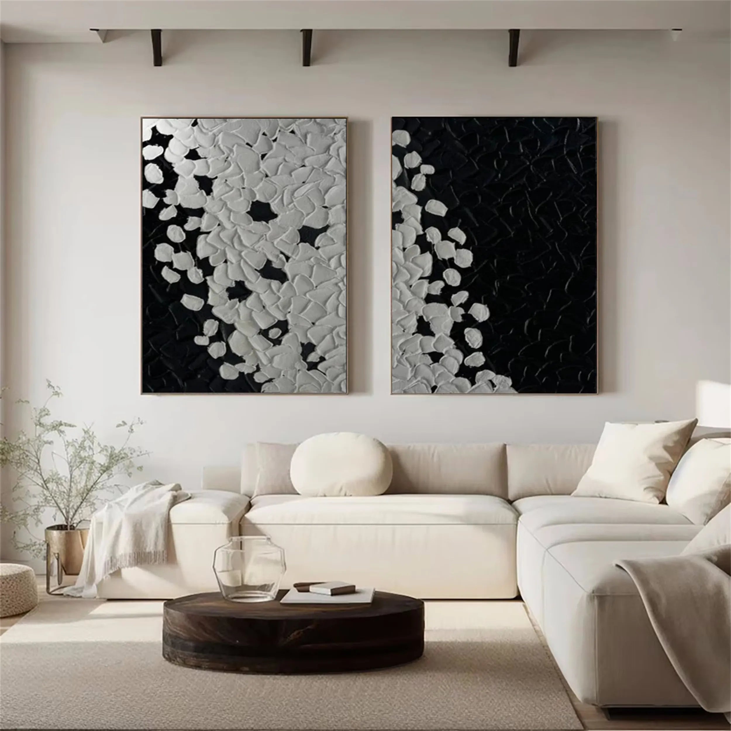 Modern Black and White Textured Minimalist Wall Art Set of 2 - Abstract Canvas Paintings for Living Room, Bedroom & Office Decor #MZ107