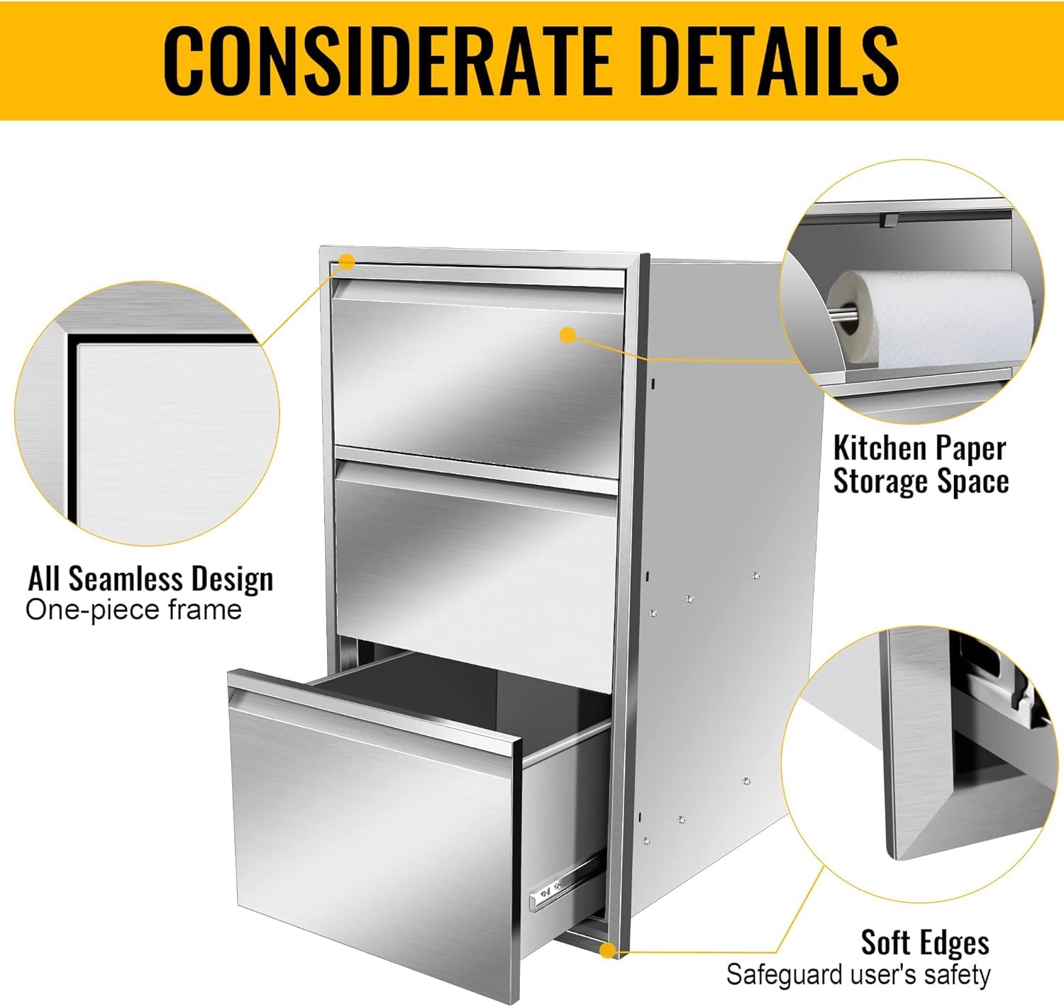 Stainless Steel Outdoor BBQ Drawer for Kitchen Island - 17W x 30H x 21D Inch Flush Mount Storage Cabinet with Handles - Perfect for Grilling Accessories Organization in Backyard Patio & Outdoor Cooking Areas