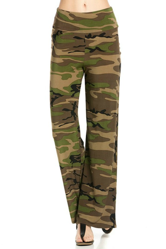 Azules Women's Banded Waist Palazzo Pants - Camo/Army Green Wide Leg Trousers for Casual & Office Wear | Comfortable Stretch Fabric for Everyday Use