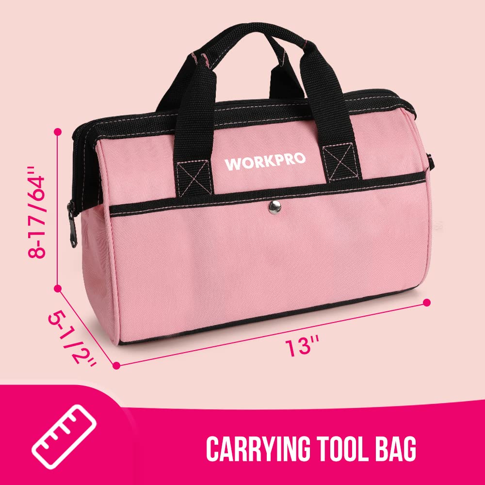 **WORKPRO 53-Piece Pink Tool Set with Electric Cordless Screwdriver - Basic Tool Kit for Women, Includes 13'' Portable Tool Bag - Perfect for DIY Home Repair, Maintenance & Crafting - Pink Ribbon Design**