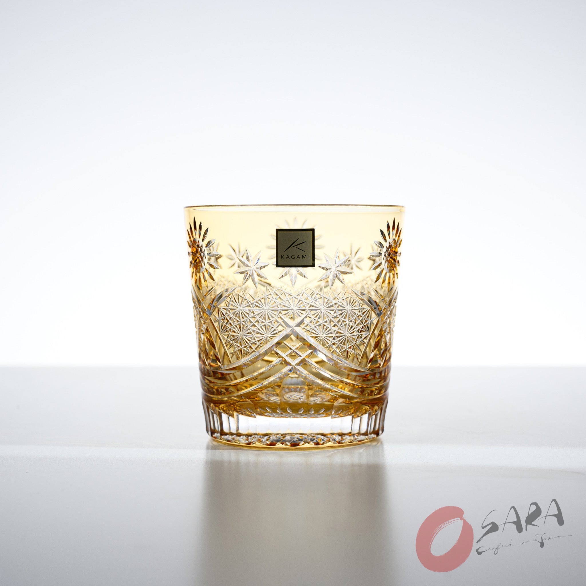 KAGAMI x OSARA Collaboration Crystal Rock Glass - Sunflower Design, Premium Whiskey Tumbler for Bourbon, Scotch & Cocktails - Elegant Barware for Home & Gifts