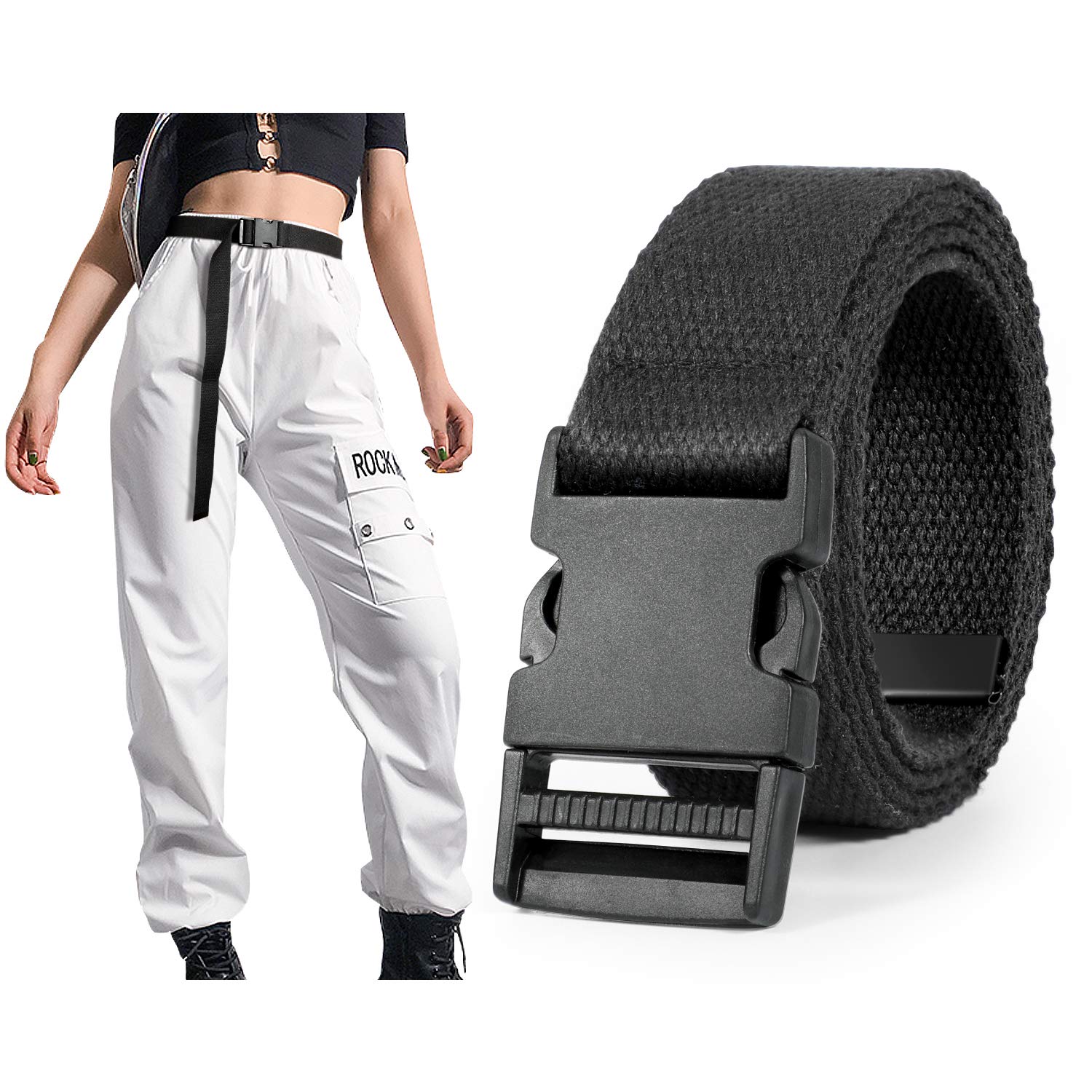 Sansths Women's Hip Hop Streetwear Canvas Long Belt - Black Cargo Belt with Flat Plastic Buckle for Jeans & Dresses | Casual Outfit Accessory for Urban Fashion & Street Style
