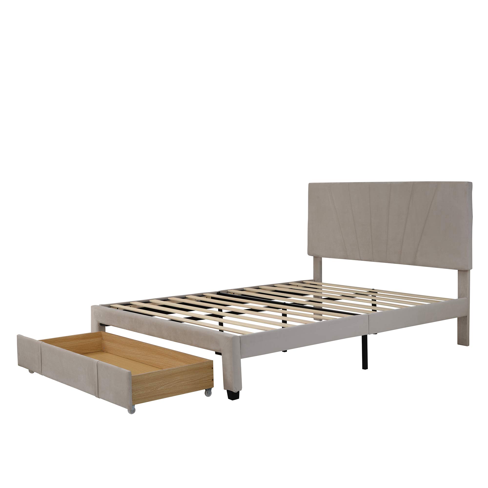 Elegant Queen Platform Bed with Storage - Velvet Headboard & Wood Slats for Bedroom (Beige)