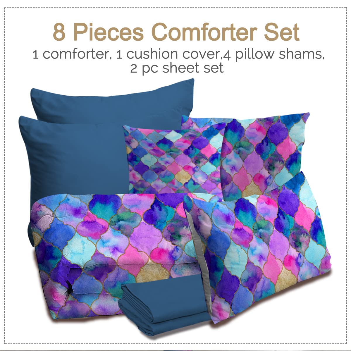 BlessLiving 8-Piece Boho Comforter Set Full Size - Mediterranean Style All Season Bed in a Bag with Down Alternative Comforter & Sheets (Purple, Blue, Pink) for Cozy Bedroom Decor & Guest Room Makeover
