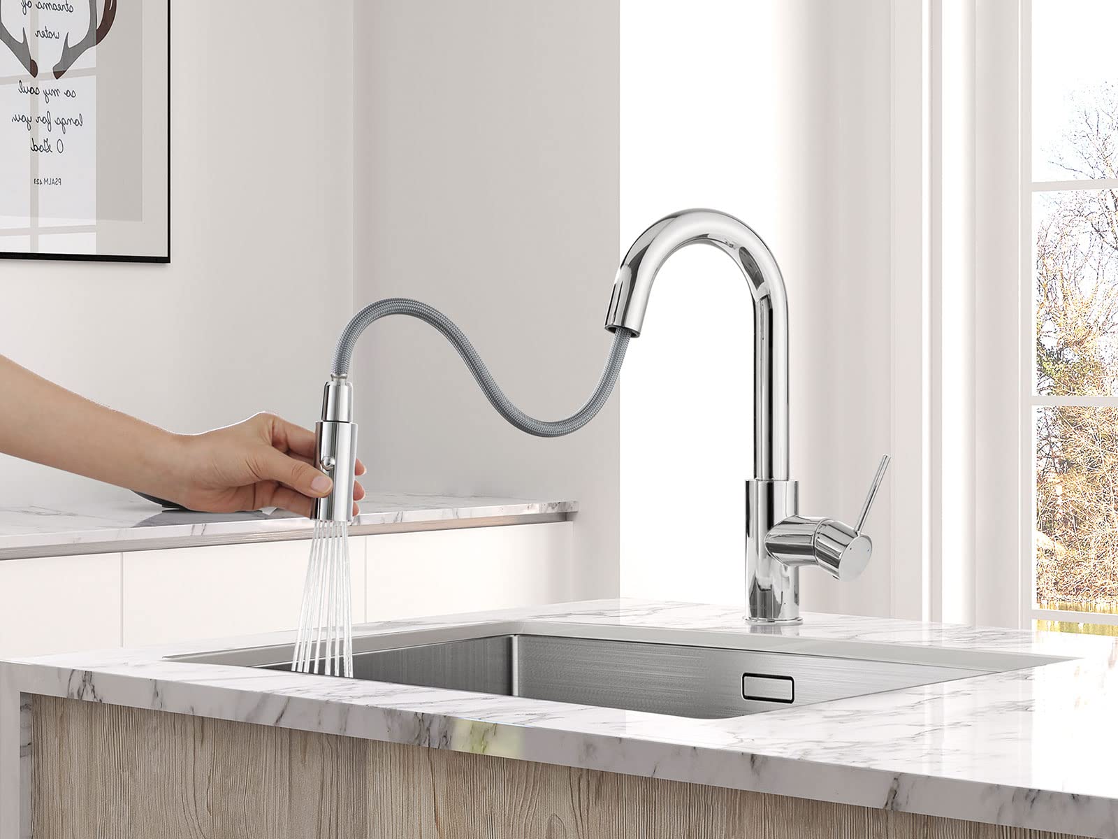 AS59CH Chrome Pull Down Bar Faucet & ASF026CH Chrome Built-in Soap Dispenser Set - Premium Kitchen Sink Combo for Modern Homes