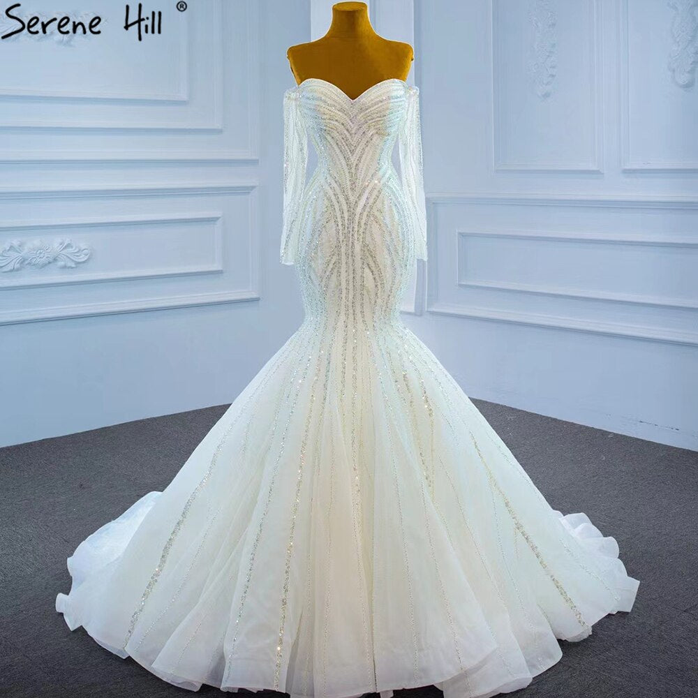 Serene Hill White Luxury Mermaid Wedding Dresses 2025 - Elegant Beaded Pearl Bridal Gown for Beach, Church & Formal Weddings | Style HM67242
