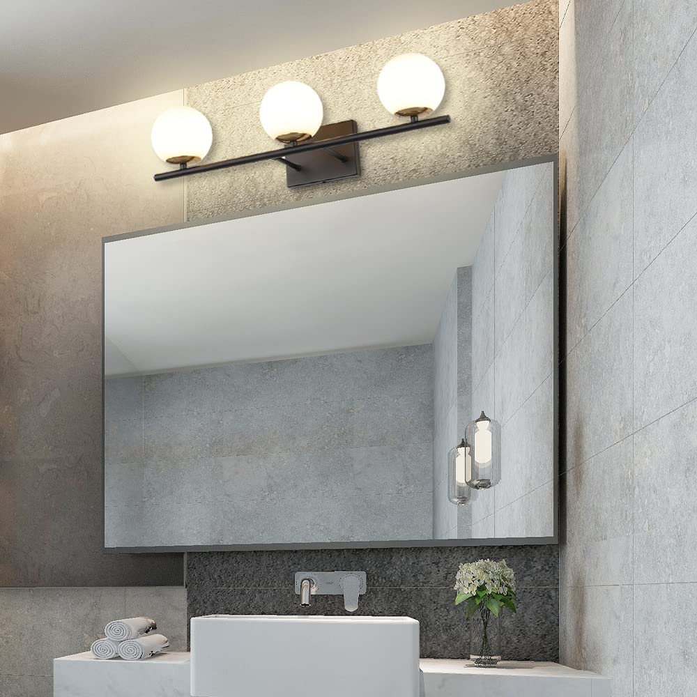 Modern Bathroom Vanity Light Fixture - 3-Light Brass & Black Wall Sconce with Milk White Glass Shades for Mirror Lighting | Perfect for Contemporary Bathrooms, Powder Rooms and Dressing Areas