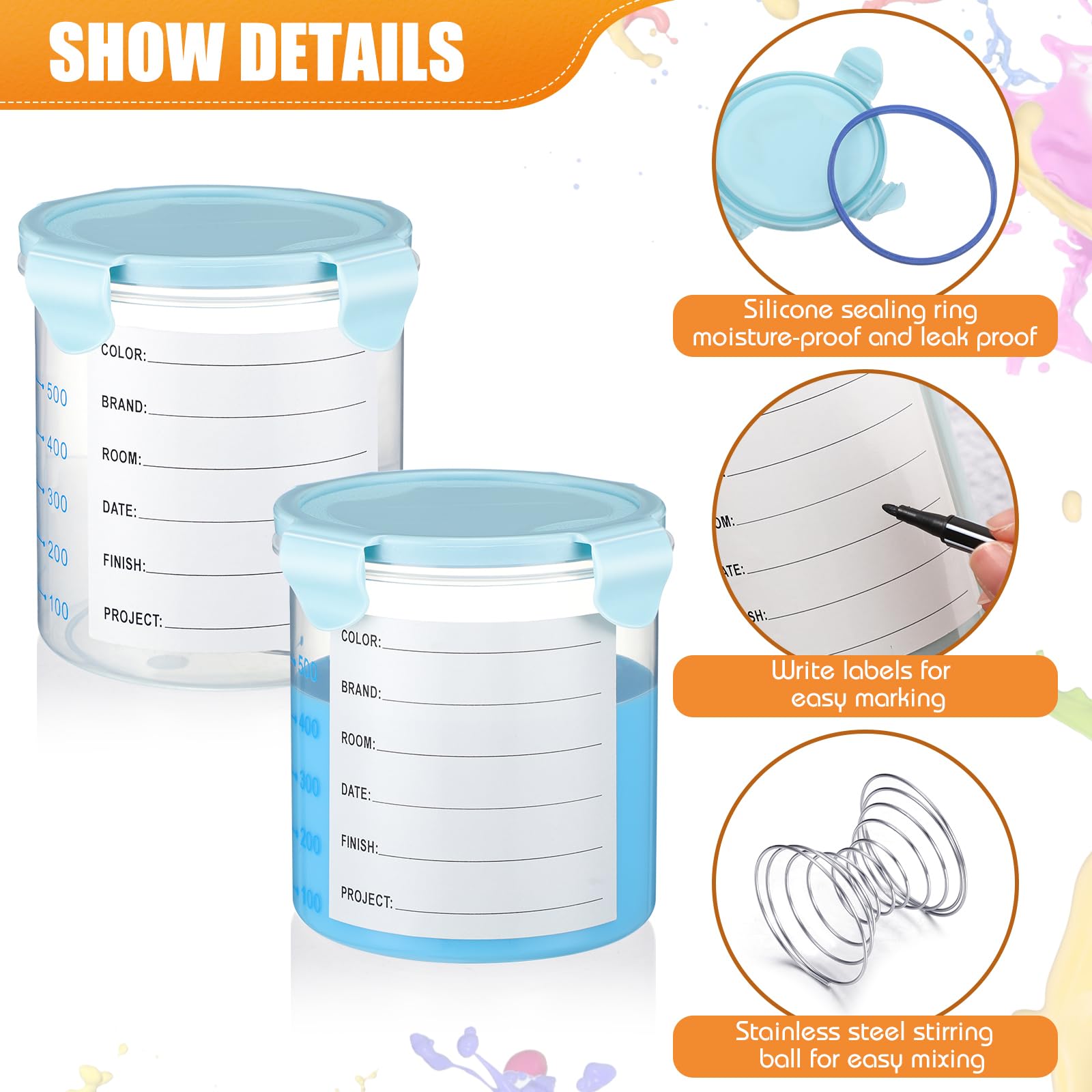 Skylety 8-Piece Airtight Plastic Paint Storage Containers with Lids & Stainless Steel Mixing Balls - 800ml Touch Up Paint Cups (Blue) - Perfect for Artists, DIY Projects & Home Renovations