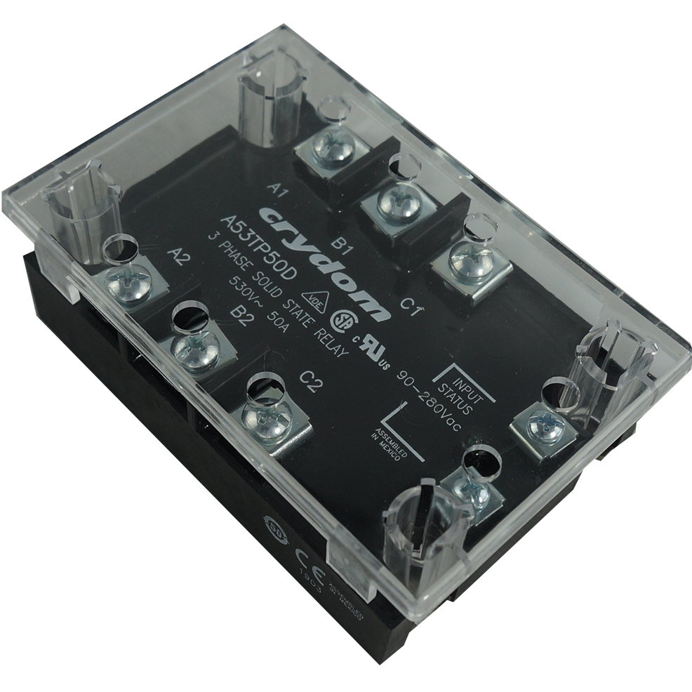 3 Phase Solid State Relay A53TP50D + KS300 - 50A, 90-280VAC Control, 48-530VAC Load with LED Status Indicator & Cover - Perfect for Industrial Automation, HVAC Systems & Motor Control