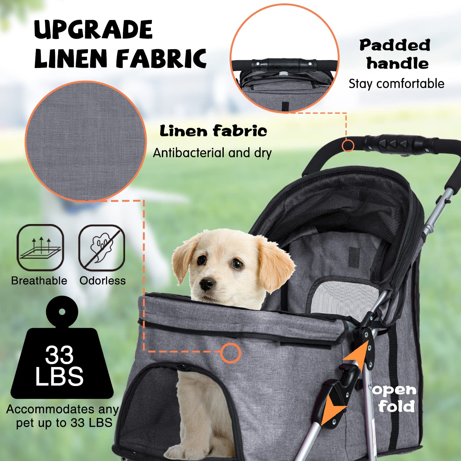 Lightweight Waterproof Folding Dog Stroller for Small & Medium Dogs & Cats - Travel Pet Stroller with Storage Basket, Grey | Perfect for Outdoor Walks, Vet Visits & Shopping Trips