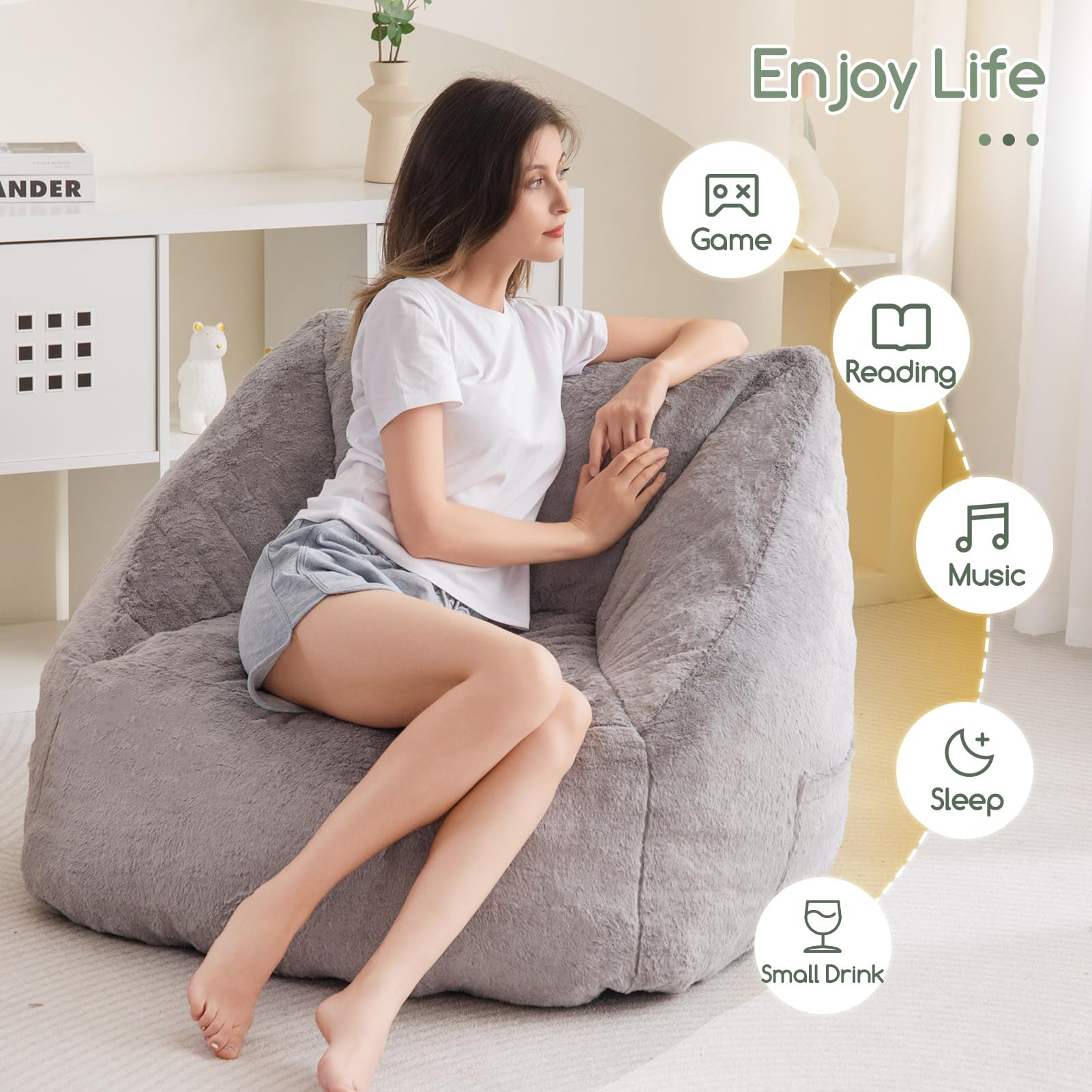 MAXYOYO Bean Bag Chair for Adults, Kids & Teens - Soft Floor Sofa with Handle for Gaming, Reading & Relaxing - Grey - Perfect for Living Room, Bedroom & Game Room
