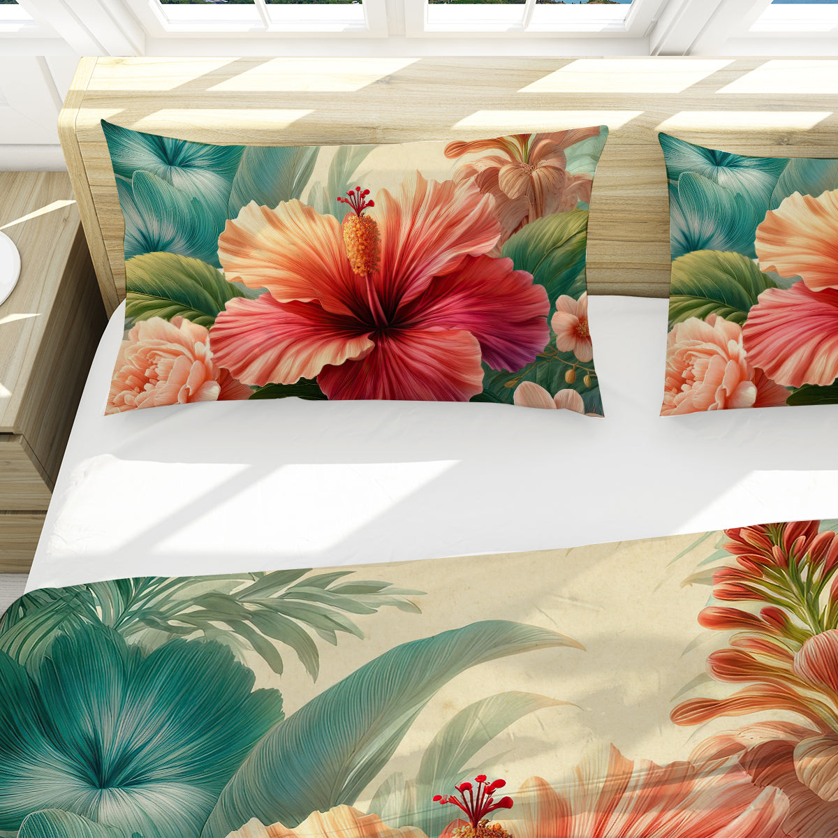 Hibiscus Flower Reversible Duvet Cover Set - Queen Size Floral Bedding with Pillow Shams - Tropical Boho Chic for Bedroom Decor & Guest Room Styling