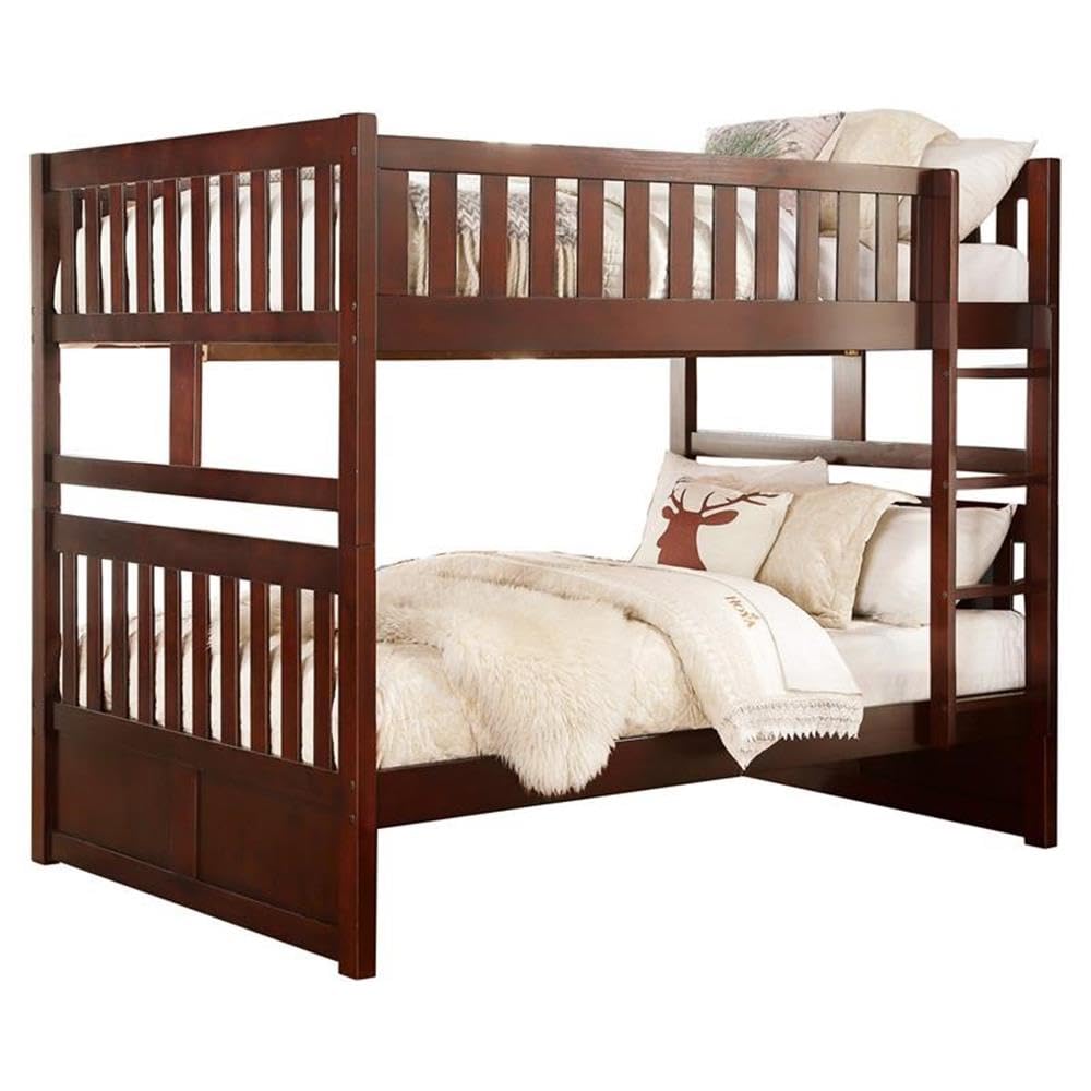 Lexicon Rowe Transitional Wood Full Over Full Bunk Bed in Dark Cherry - Space-Saving Kids & Guest Bedroom Furniture for Small Rooms & Shared Spaces