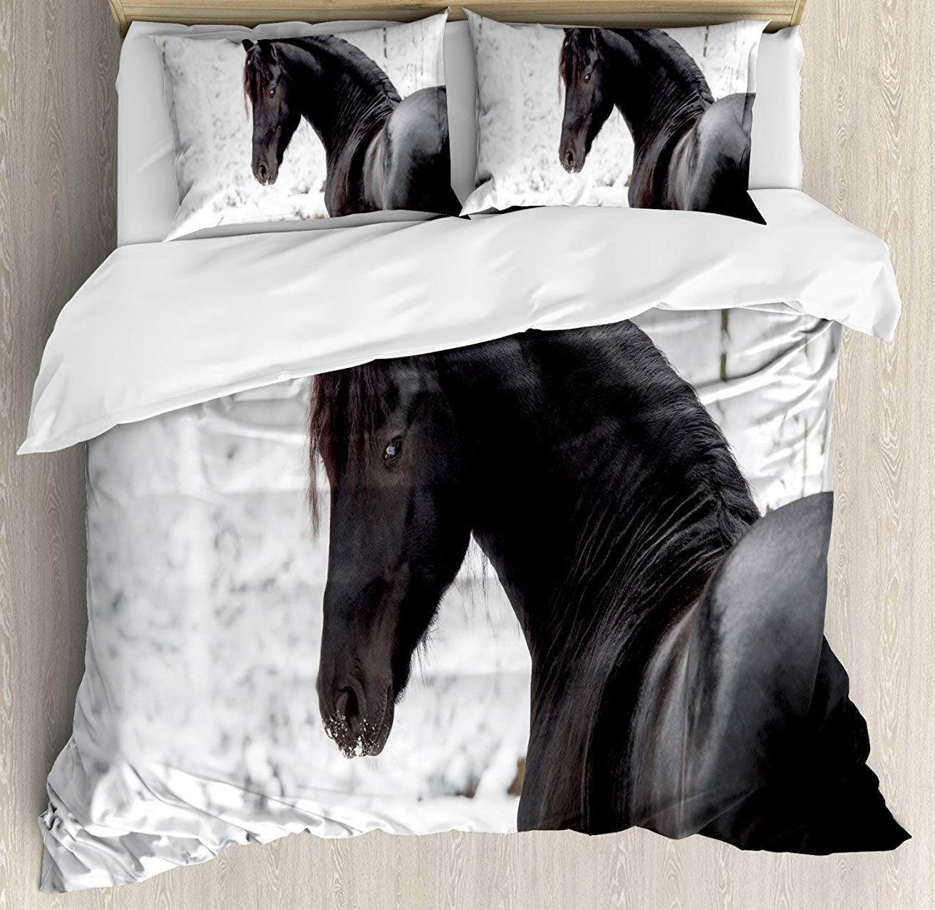 Equestrian 3-Piece Queen Bedding Set - Black Friesian Sport Horse Comforter Duvet Cover with 2 Decorative Pillowcases for Kids, Teens & Adults | Perfect for Horse Lovers' Bedroom Decor & Gift Ideas