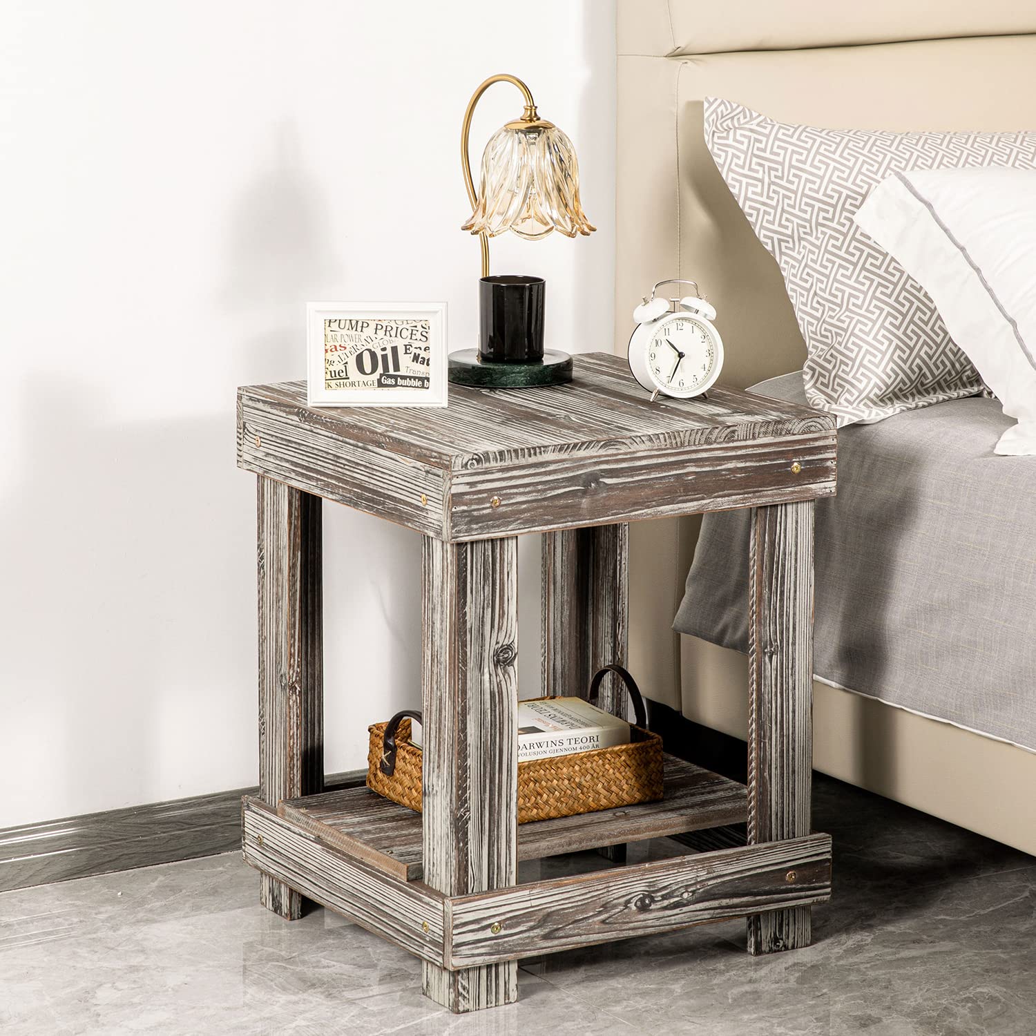 Rustic End Table with Storage Shelf - Torched Wood Nightstand Side Table for Living Room, Bedroom, Dorm - Small Space Furniture for Home Decor & Organization