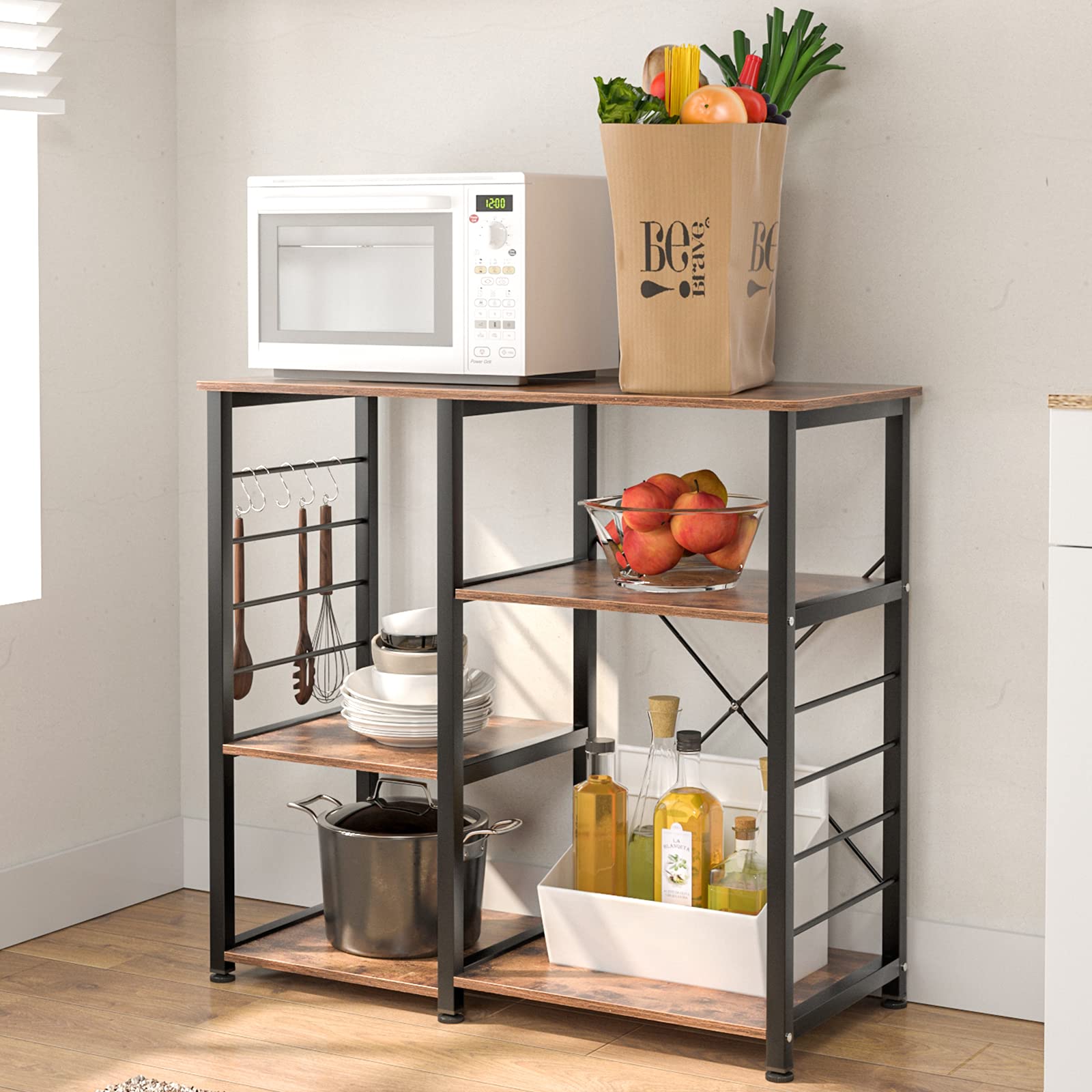 SogesGame Retro Kitchen Bakers Rack with Storage - Microwave Oven Stand, Utility Shelf, Coffee Station - Perfect for Home Kitchen Organization & Small Space Solutions