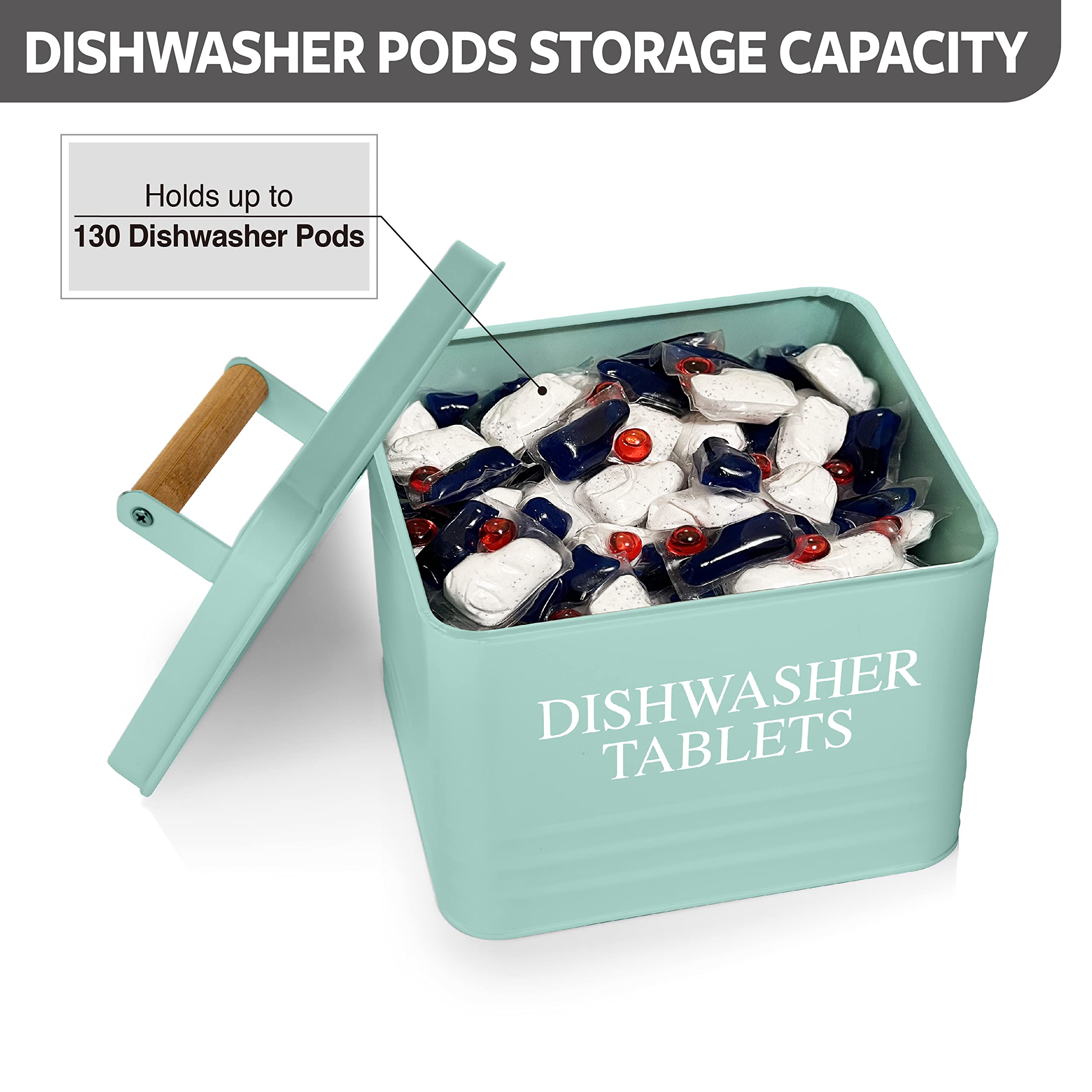 Modern Farmhouse Metal Dishwasher Pods Holder with Lid - Rustproof Kitchen Storage Container for Detergent Pods, Kitchen Organization & Decor Accessories (Mint Green) - Perfect for Countertop, Under Sink & Pantry Storage