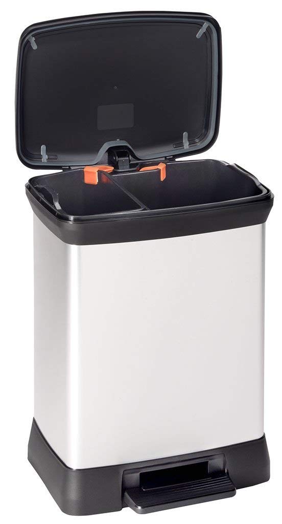 Curver Metal Effect 70% Recycled 30L Dual Compartment Kitchen Recycling Bin with Pedal Touch - Silver | Eco-Friendly Waste Bin for Kitchen, Office & Home Decor