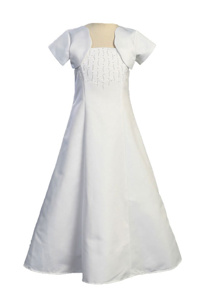 White Satin Sleeveless A-Line Communion Dress with Bolero Jacket - Perfect for First Communion, Baptism, and Special Occasions