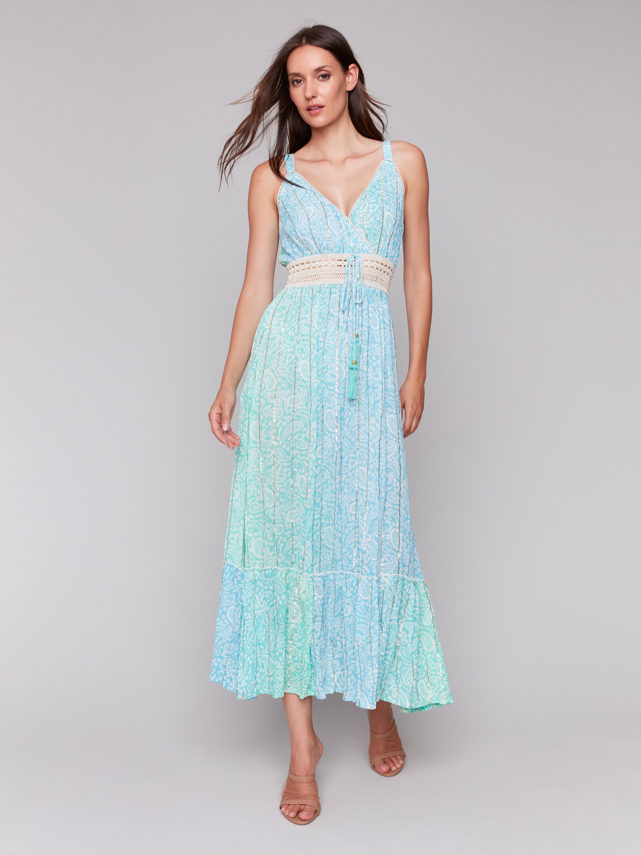 Elegant Foil Ombre Tiered Maxi Dress in Lagoon - Perfect for Beach Weddings, Summer Vacations & Evening Parties