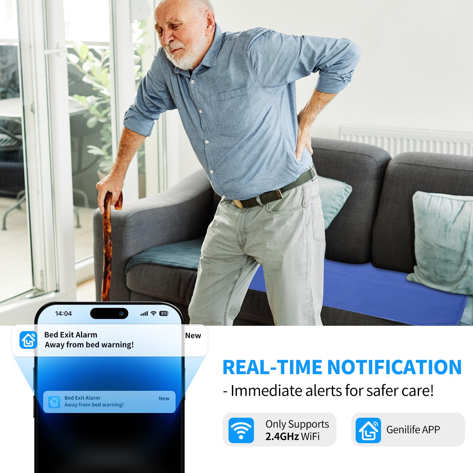 Briidea Elderly Fall Prevention System - Wireless Bed Alarm with 20