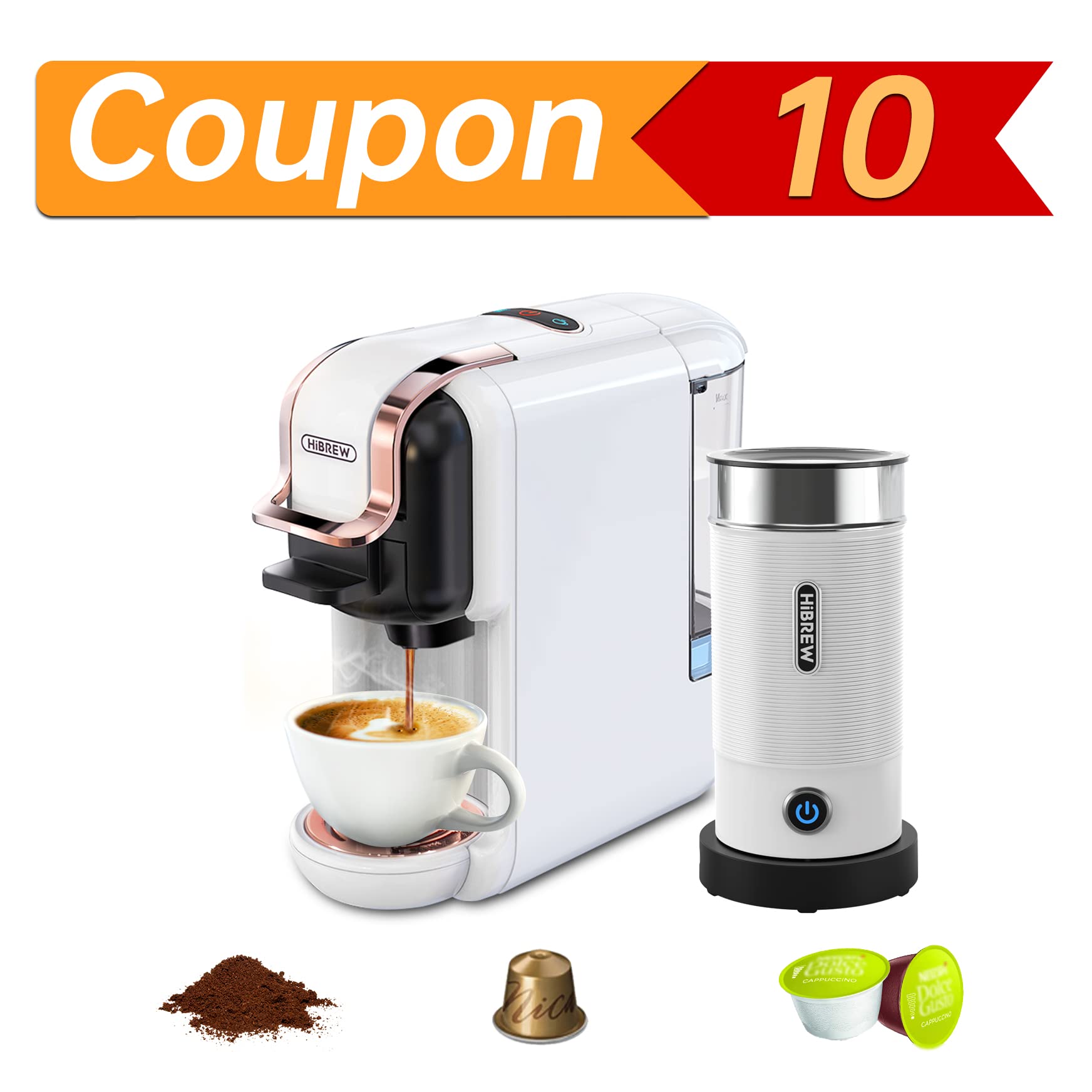 HiBREW 3-in-1 Espresso Machine for Capsule, Ground & Pod Coffee | 19 Bar Pressure Single Serve Coffee Maker with Milk Frother | Compatible with Nespresso OriginalLine & DG Pods | Cold & Hot Brew Modes | White Combo | Perfect for Home, Office & Small Cafes