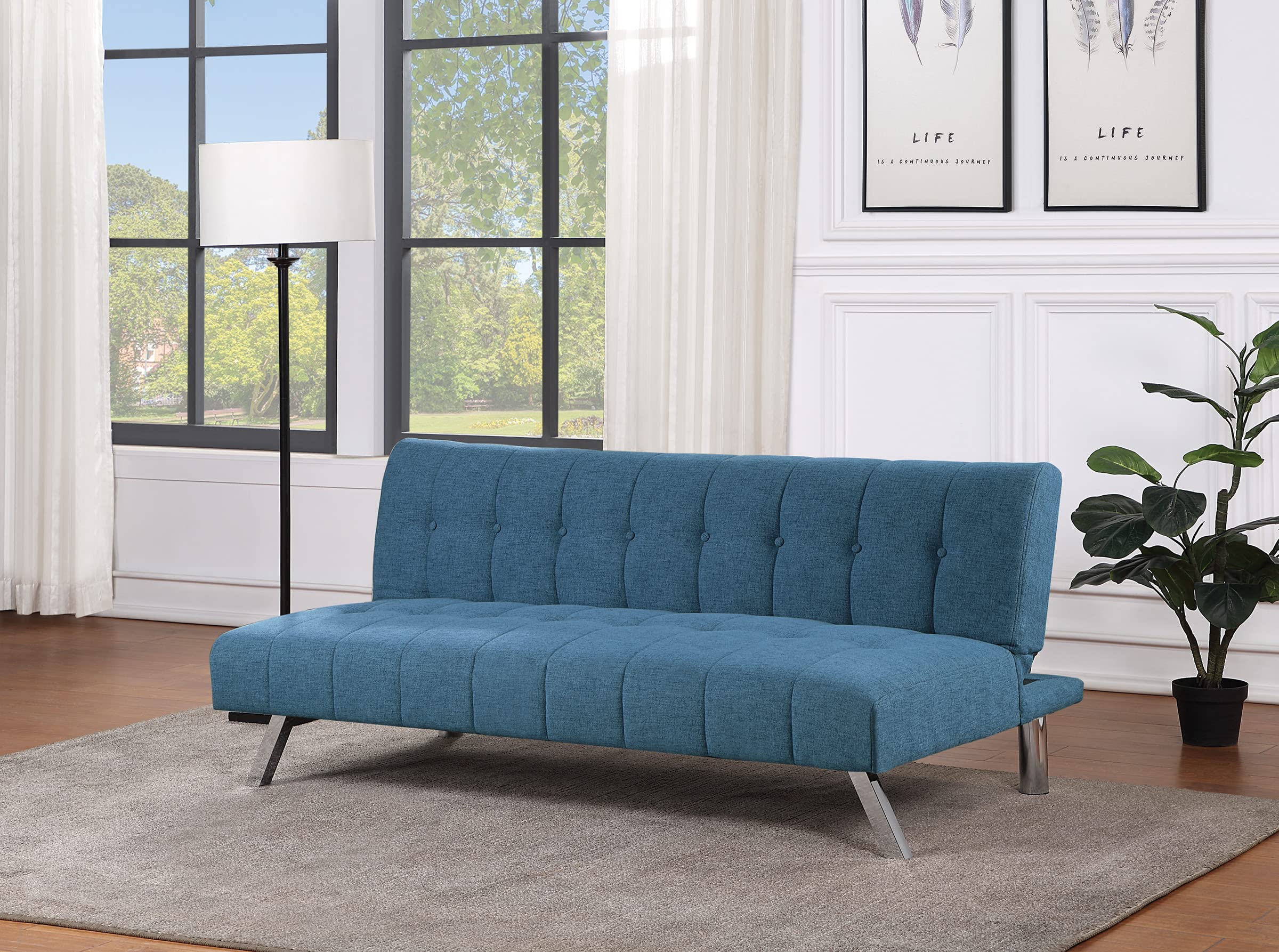 OSP Home Furnishings Sawyer Convertible Futon Sofa with Easy Lift Mechanism & Stainless Steel Legs - Blue Fabric Upholstery | Perfect for Small Spaces, Guest Rooms & Home Offices