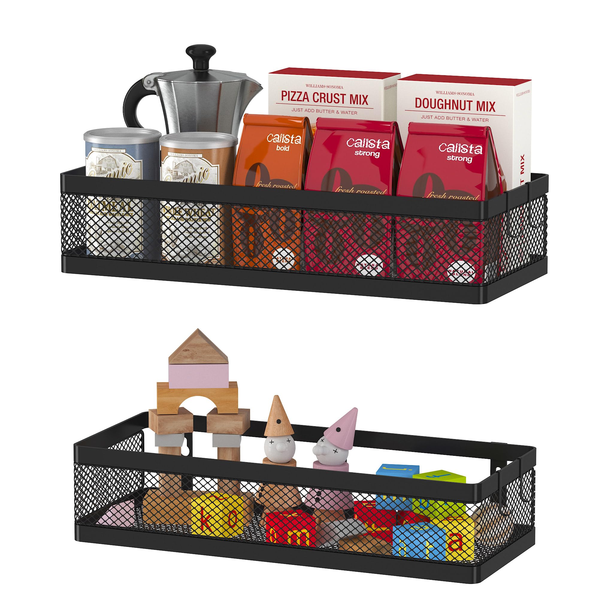 PUSDON Wall Mount Hanging Storage Baskets - 2 Pack Metal Wire Organizer Bin Rack for Kitchen, Bathroom, Shower & Spice Storage | Space Saving Home Decor Essentials in Black with Netting | Perfect for Small Spaces, Pantry Organization & Bathroom Accessories
