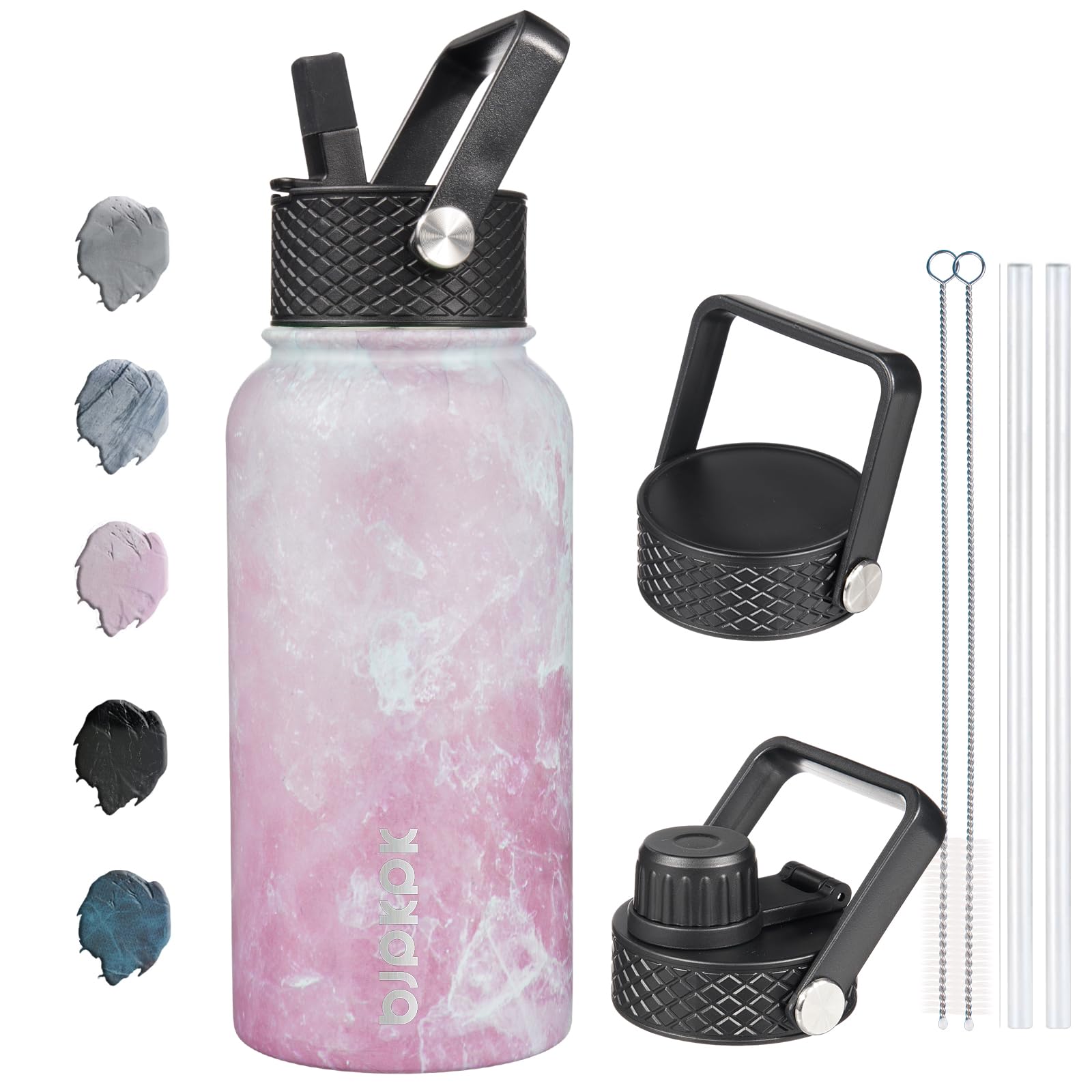 BJPKPK 27oz Insulated Stainless Steel Water Bottle with Straw Lid - 3 Lids Included, Leak Proof, BPA Free, Keeps Drinks Cold/Hot for 24 Hours - Perfect for Gym, Hiking, Office & School (Blossom Design)