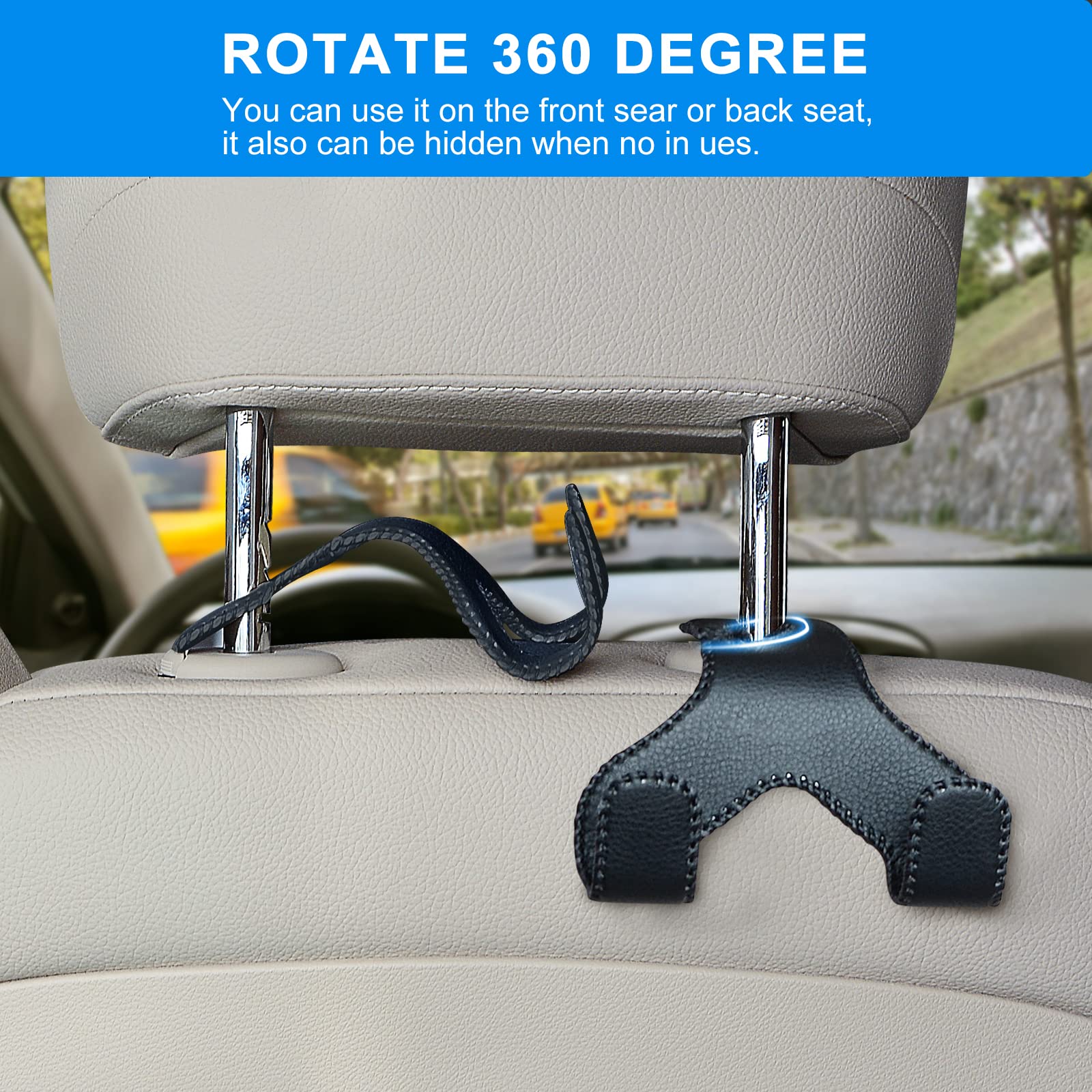 2-in-1 Leather Car Headrest Hook - Purse & Bag Holder for Vehicles (Black) - Perfect for Shopping, Travel & Keeping Your Belongings Organized On-The-Go
