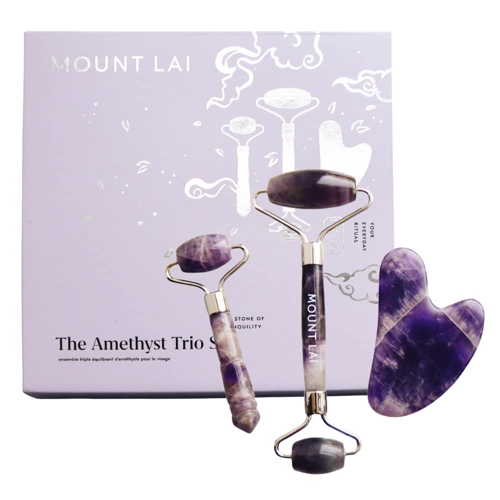 Mount Lai Amethyst Trio Calming Facial Set - Jade Roller & Gua Sha Tools for Face Massage, Relieve Tension & Reduce Puffiness | Anti-Aging Skincare Set for Glowing Skin | Perfect for Morning Routine & Self-Care Spa Days
