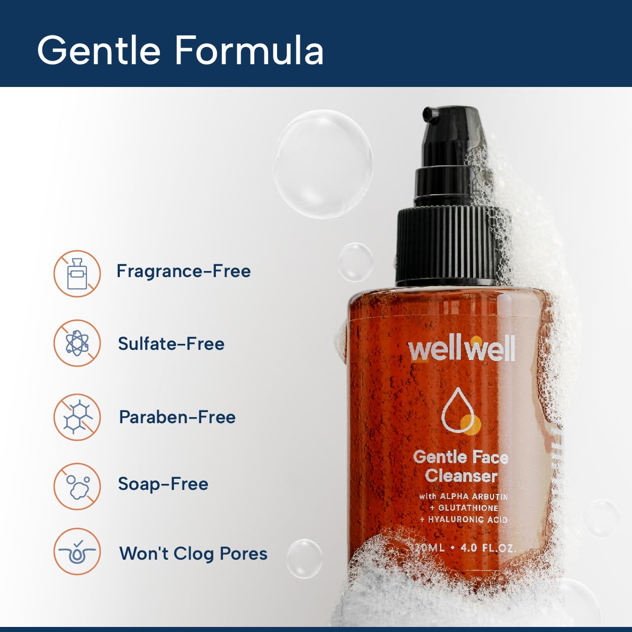 Sulphate Free Gentle Face Wash for Dry to Normal & Sensitive Skin - Fragrance Free with Glutathione & Arbutin to Brighten Skin, Hyaluronic Acid for Hydration (120ml) | Daily Cleanser for Soft, Glowing Complexion | Perfect for Morning & Night Skincare Routine