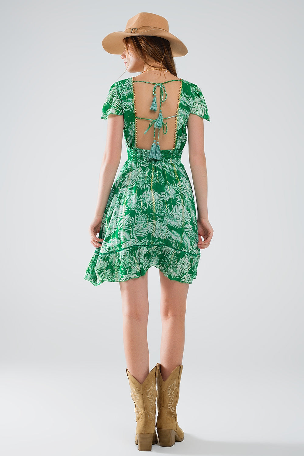 Boho Floral Print Short Green Robe with Open Back - Perfect for Beach Cover-Up, Loungewear & Summer Outfits