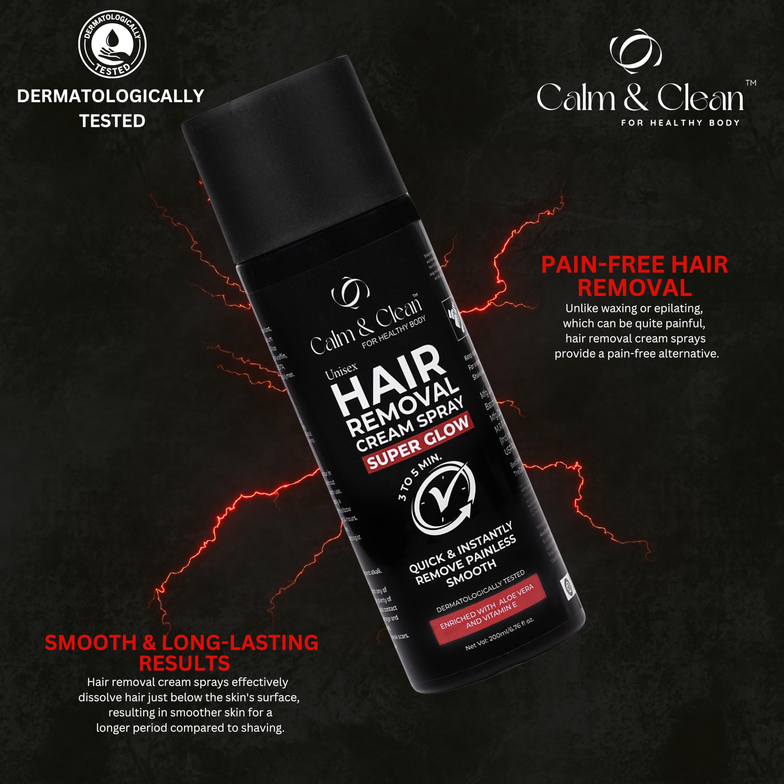 CALM & CLEAN Painless Hair Removal Spray for Women & Men - 200ml | Non-Toxic Depilatory Cream for Chest, Legs & Underarms | Enriched with Aloe Vera & Vitamin E | Gentle & Effective Body Hair Removal | Perfect for Smooth Skin at Home, Gym or Beach | Pack of 1