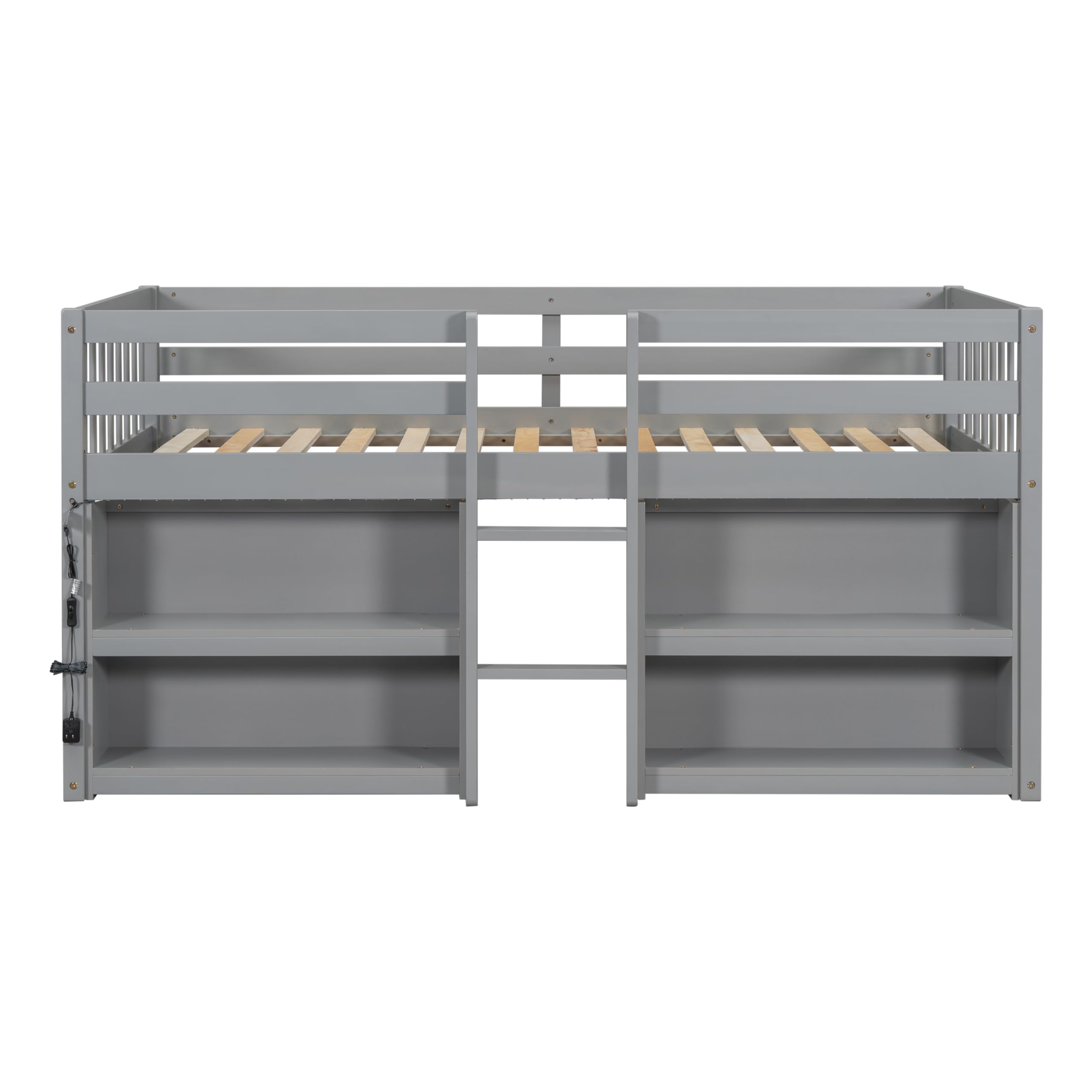 LED Twin Size Low Loft Bed with Storage Shelves & Built-in Lights - Space-Saving Kids Bed Frame for Boys & Girls, Grey - Perfect for Small Bedrooms, Dorm Rooms & Kids' Sleepovers