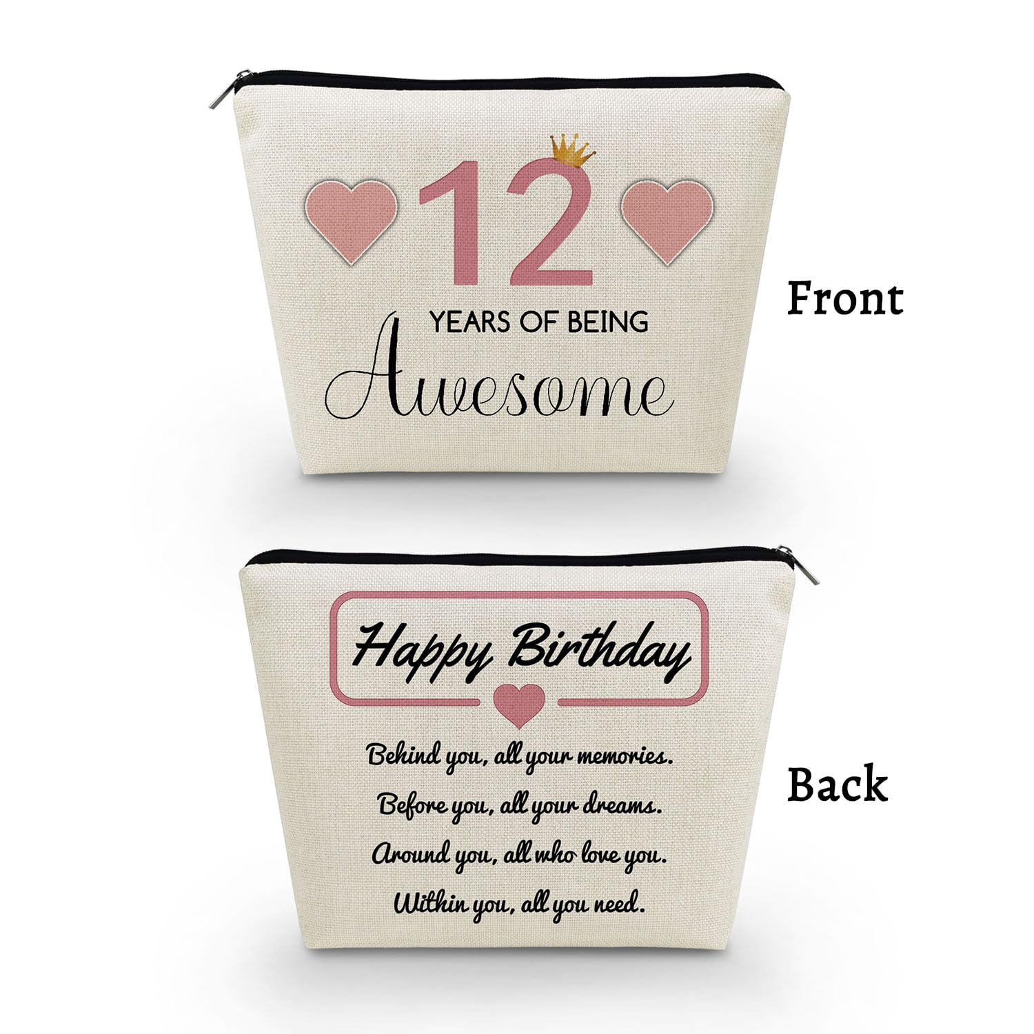 12th Birthday Makeup Bag for Girls - Cute Small Cosmetic Pouch for Women, Travel Toiletry Bag with Zipper - Perfect 12-Year-Old Girl Gift (Pink) | Great for Birthday Presents, School Supplies & Travel Essentials
