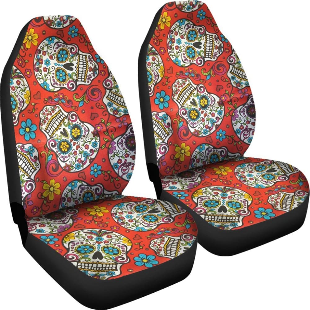 2 Pcs Sugar Skull Car Seat Covers - Halloween Dia de Los Muertos Decor - Universal Fit for Cars, Trucks & SUVs - Perfect for Halloween Parties, Mexican Themed Events & Day of the Dead Celebrations