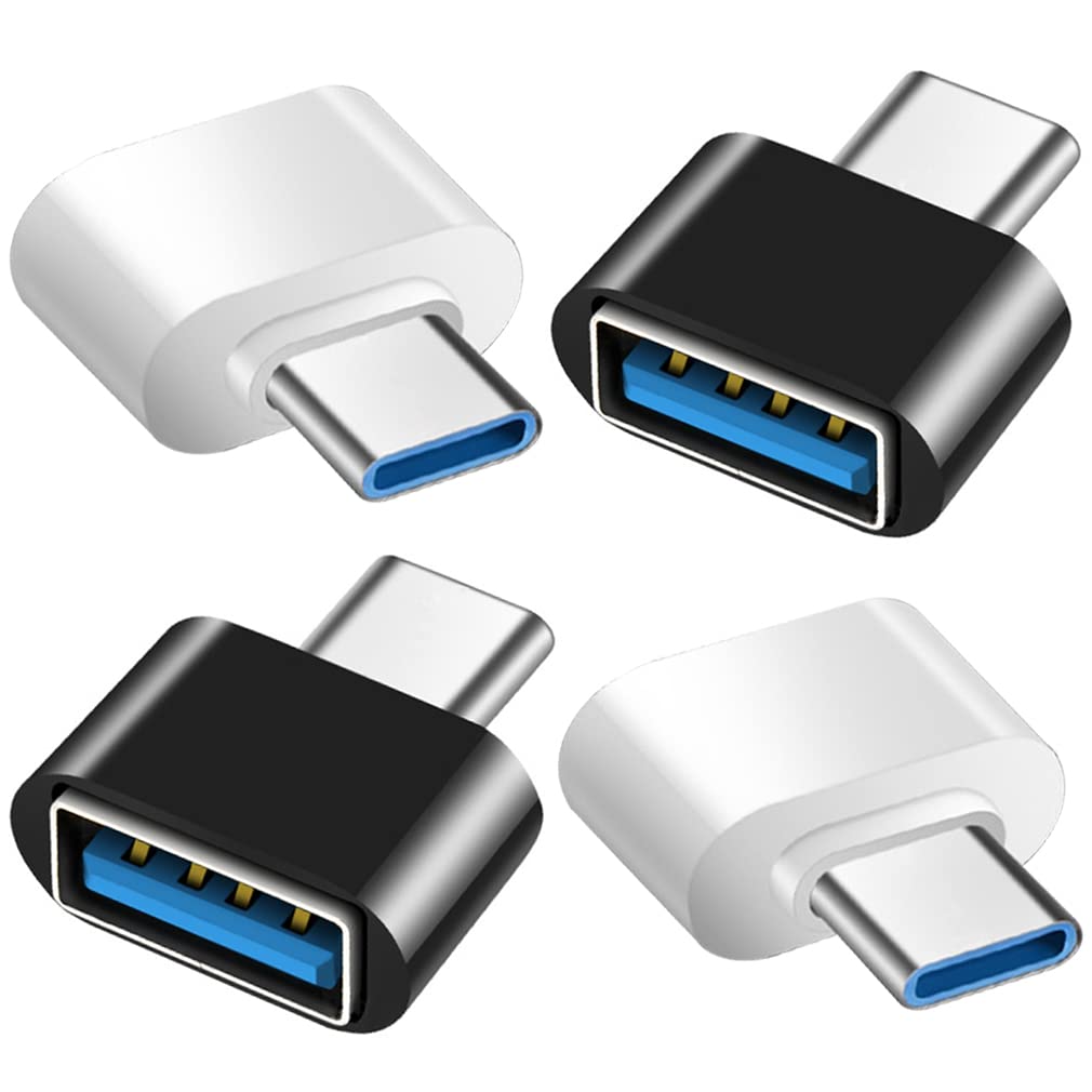 4-Pack USB C to USB Adapter (2 Black & 2 White) - USB Female to USB C Male OTG Converter Compatible with MacBook Pro, Samsung Galaxy, Type-C Phones, Laptops & Tablets - Perfect for Data Transfer, Charging & Device Connectivity