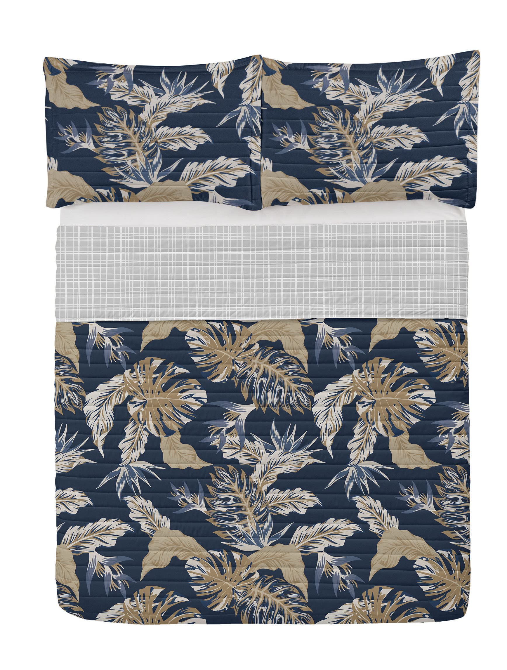 Ambesonne Tropical Reversible King Size Bedspread Set with Pillow Shams - Exotic Rainforest Amazon Foliage Pattern in Dark Night Blue - Microfiber Comforter for Bedroom Decor, Guest Room & Vacation Homes
