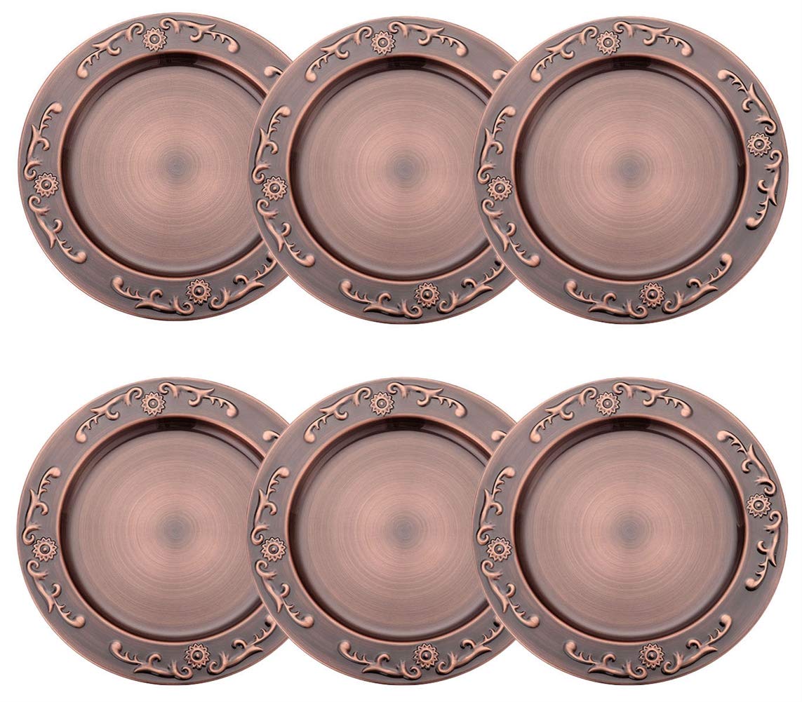Oncefirst 6-Piece Round Stainless Steel Charger Plates Set - 11.8 Inch Copper Sunflower Design for Weddings, Holidays & Formal Dining - Elegant Table Decor for Dinner Parties, Buffets & Special Events
