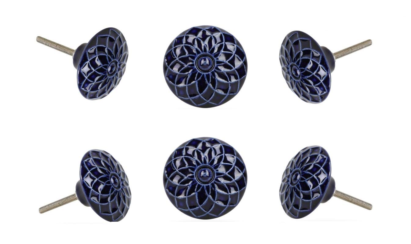 TRINCA-FERRO Set of 6 Matte Dark Blue Ceramic Cabinet Knobs - Vintage Style Drawer Pulls for Kitchen Cabinets, Bathroom Vanity, Bedroom Dresser & Office Furniture (Hardware Accessories) | Perfect for Home Renovation & DIY Projects