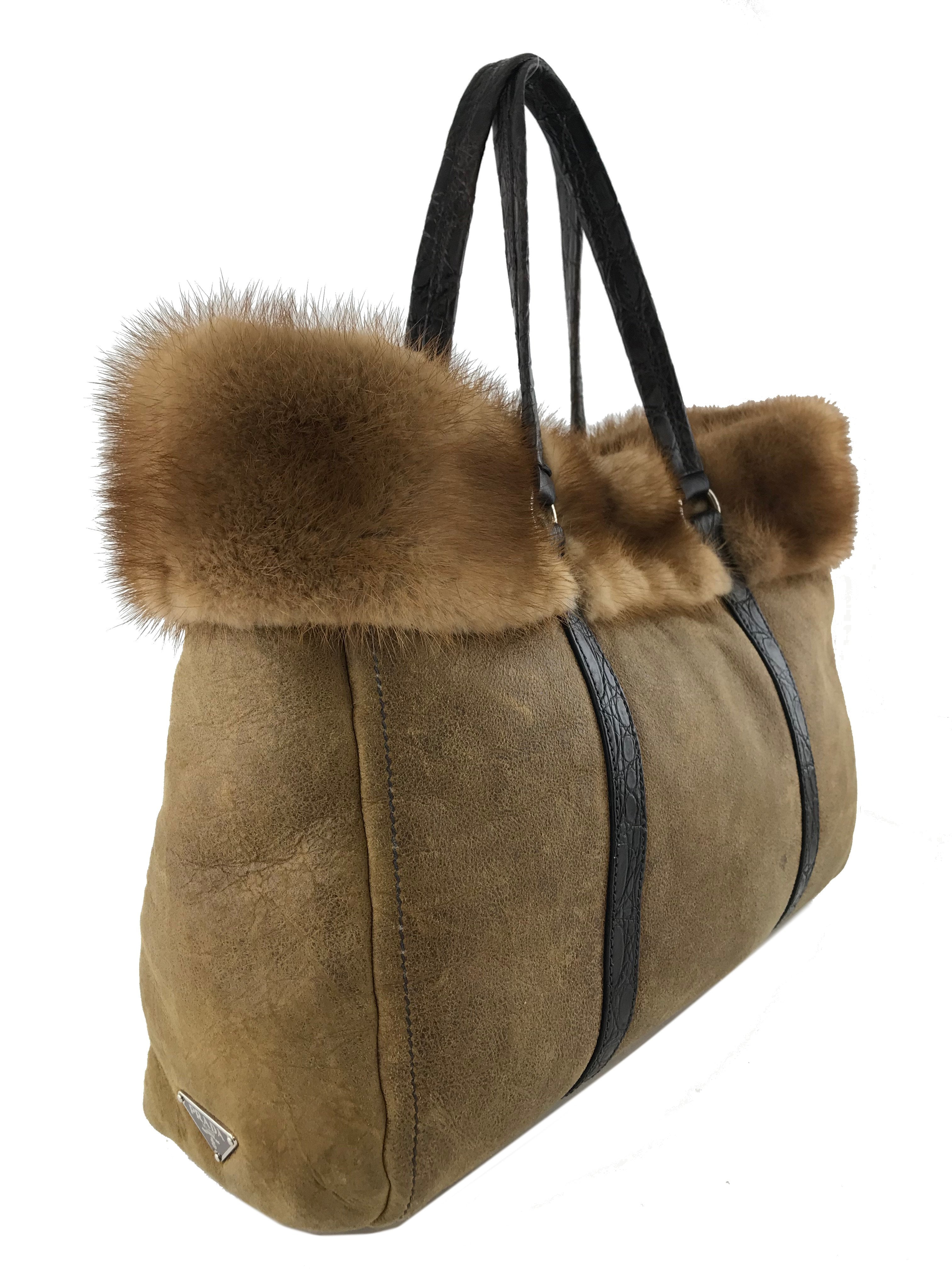 Prada Distressed Leather Mink Fur Tote Bag for Women - Luxury Designer Handbag for Shopping, Work & Travel | Stylish Everyday Purse for Office & Outings