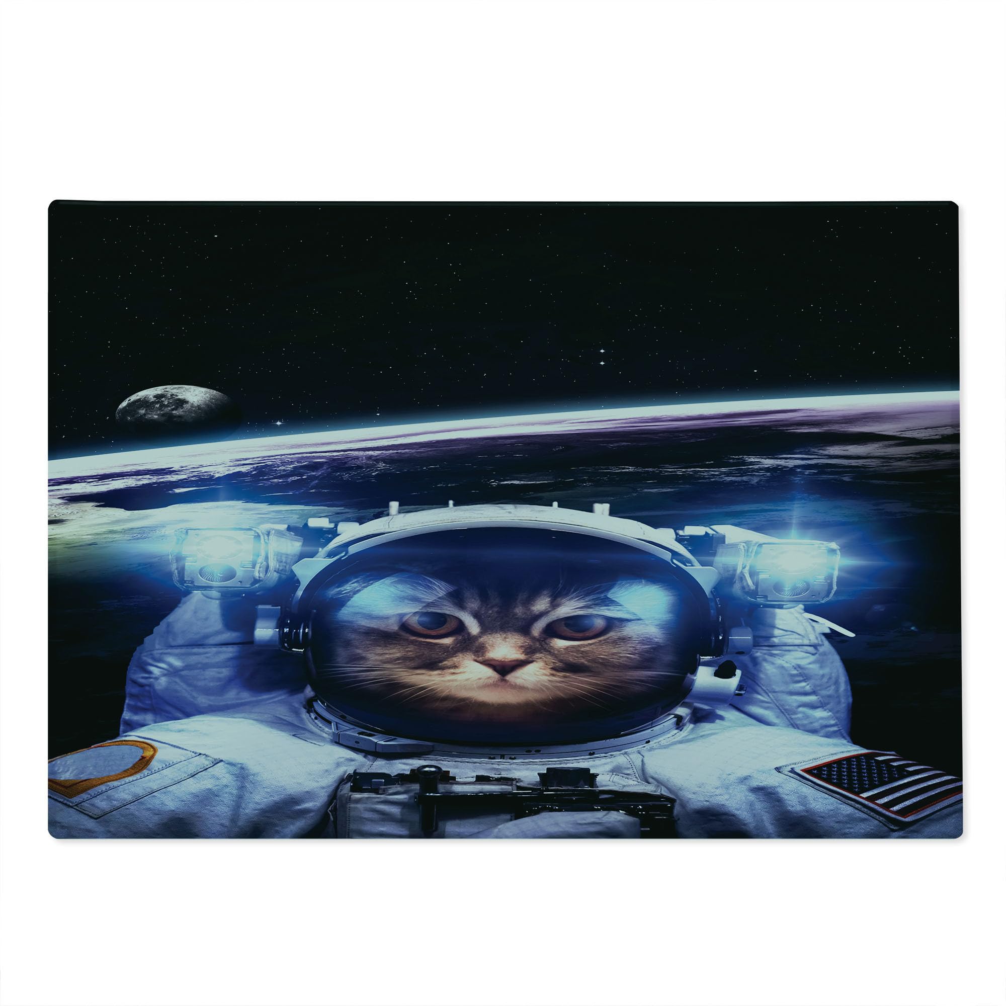 Ambesonne Funny Astronaut Cat Cutting Board - Decorative Tempered Glass Serving Board with Outer Space Explorer Kitty Design, Large Blue & White Kitchen Accessory for Cooking, Entertaining & Gift Giving